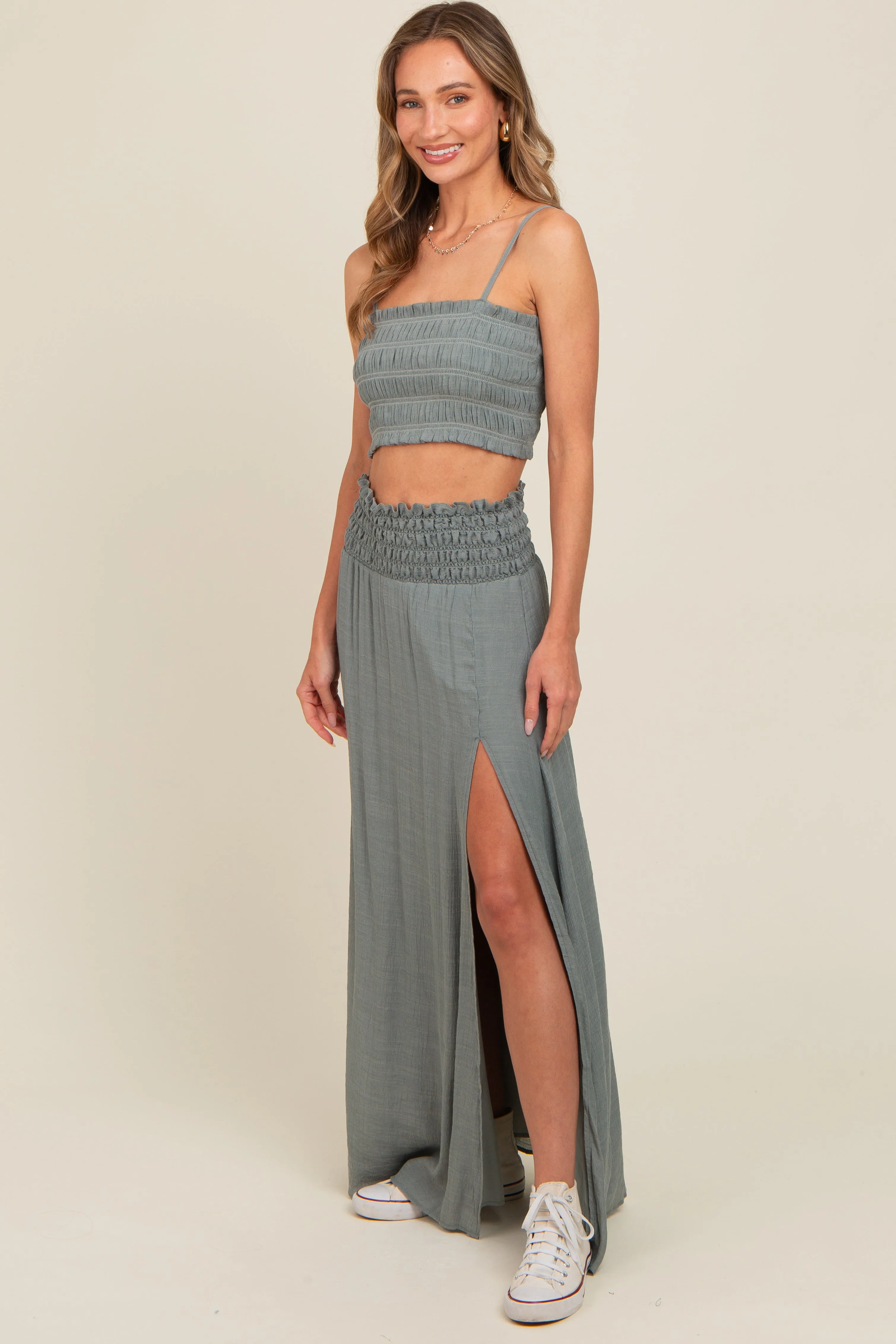 Grey Smocked Crop Top And Maxi Skirt Set sold by Pinkblush product image thumbnail 5
