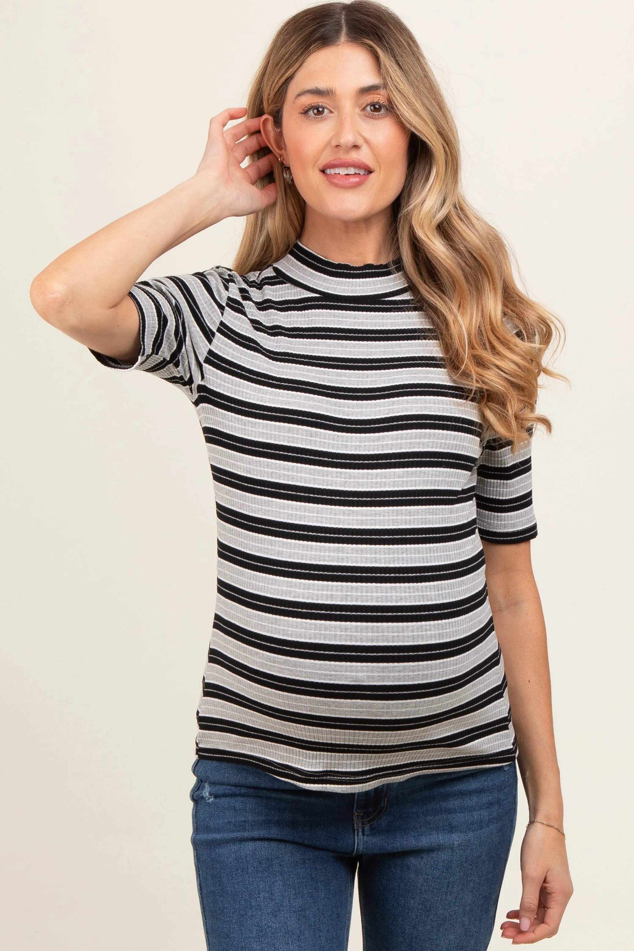 Black Striped Ribbed Mock Neck Maternity Top sold by Pinkblush product image thumbnail 2