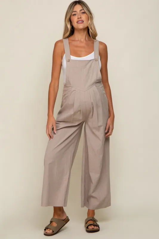 Taupe Front Pocket Pleated Linen Maternity Overall sold by Pinkblush