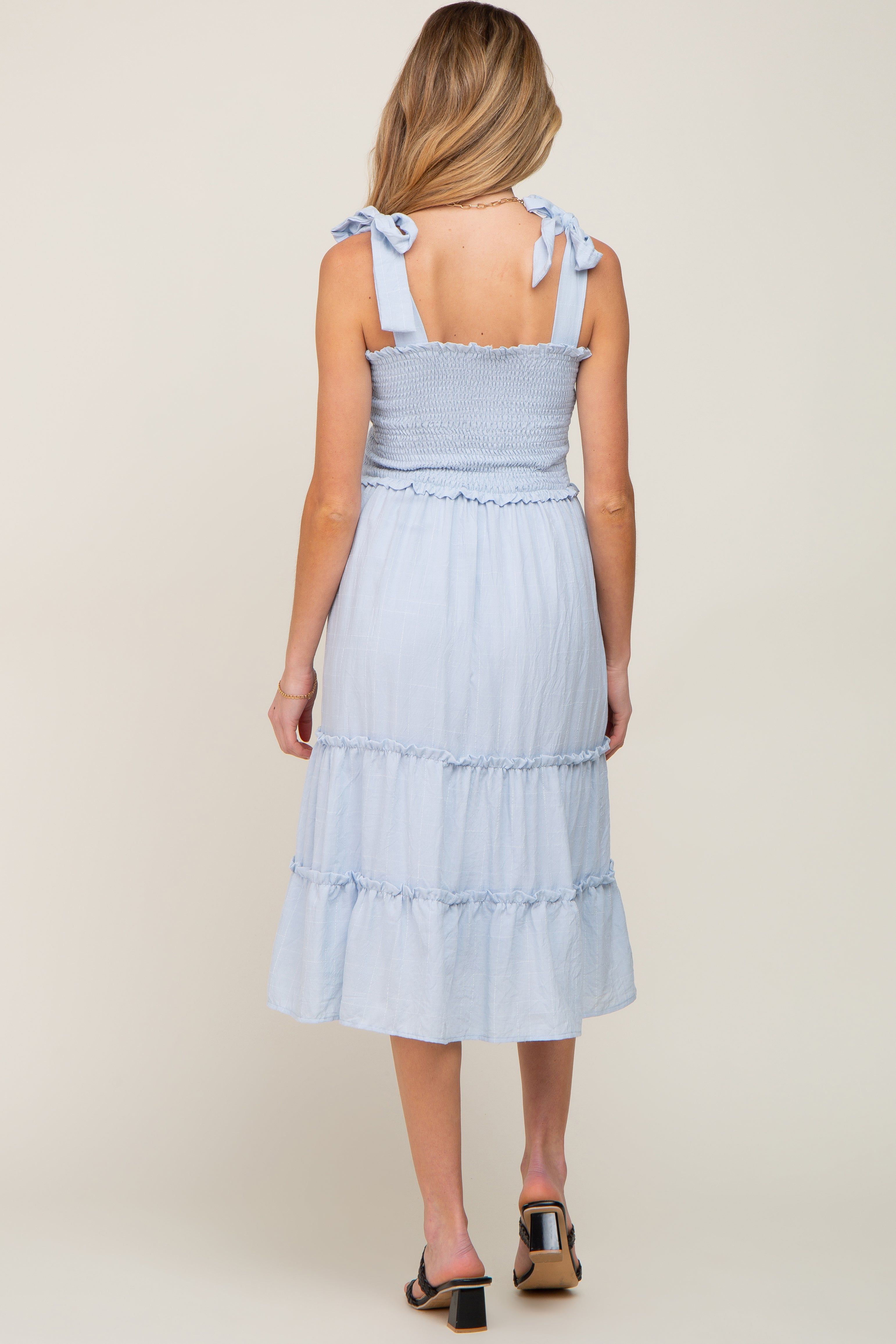 Blue Square Print Smocked Tie Strap Maternity Midi Dress sold by Pinkblush product image thumbnail 3