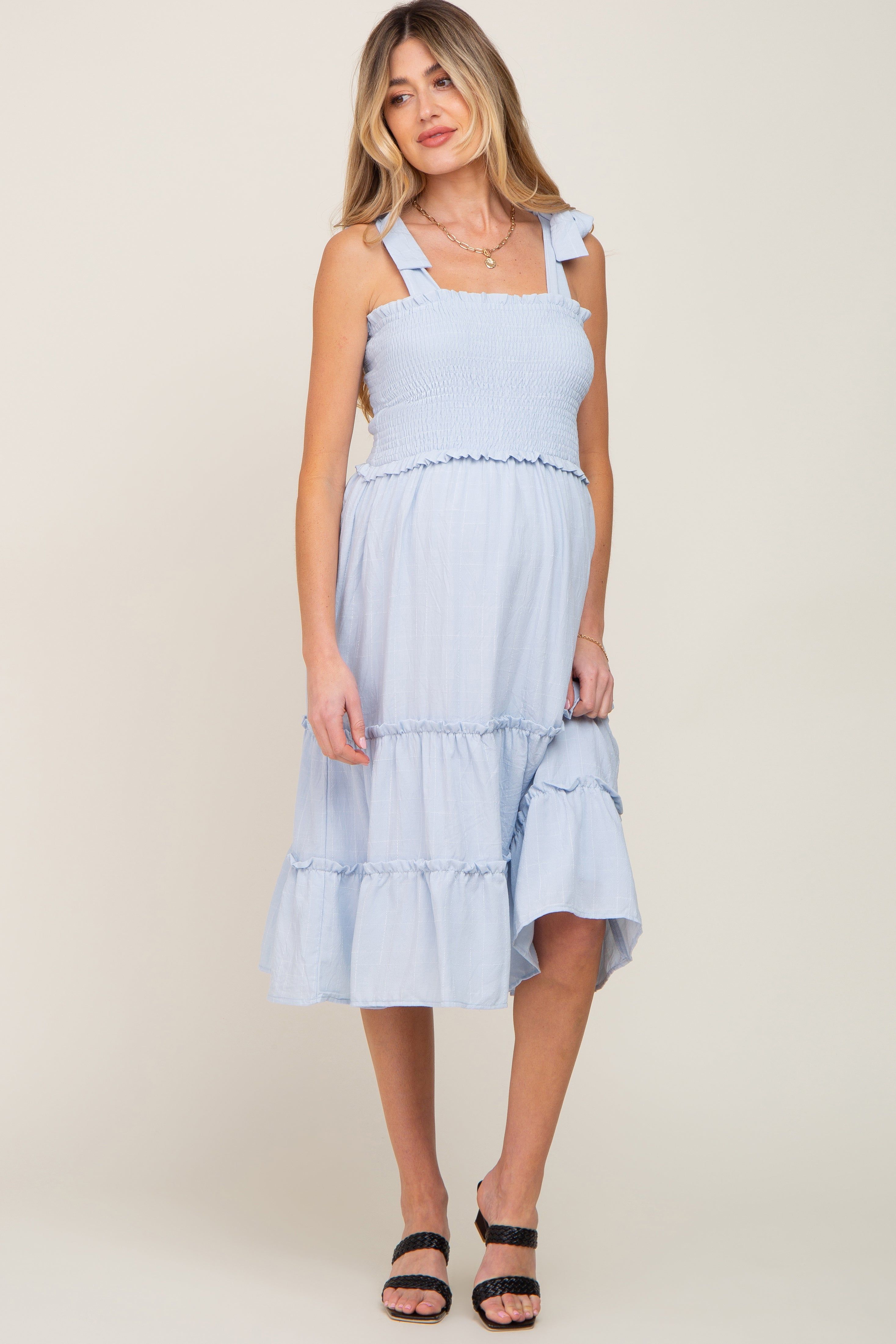 Blue Square Print Smocked Tie Strap Maternity Midi Dress sold by Pinkblush product image thumbnail 4