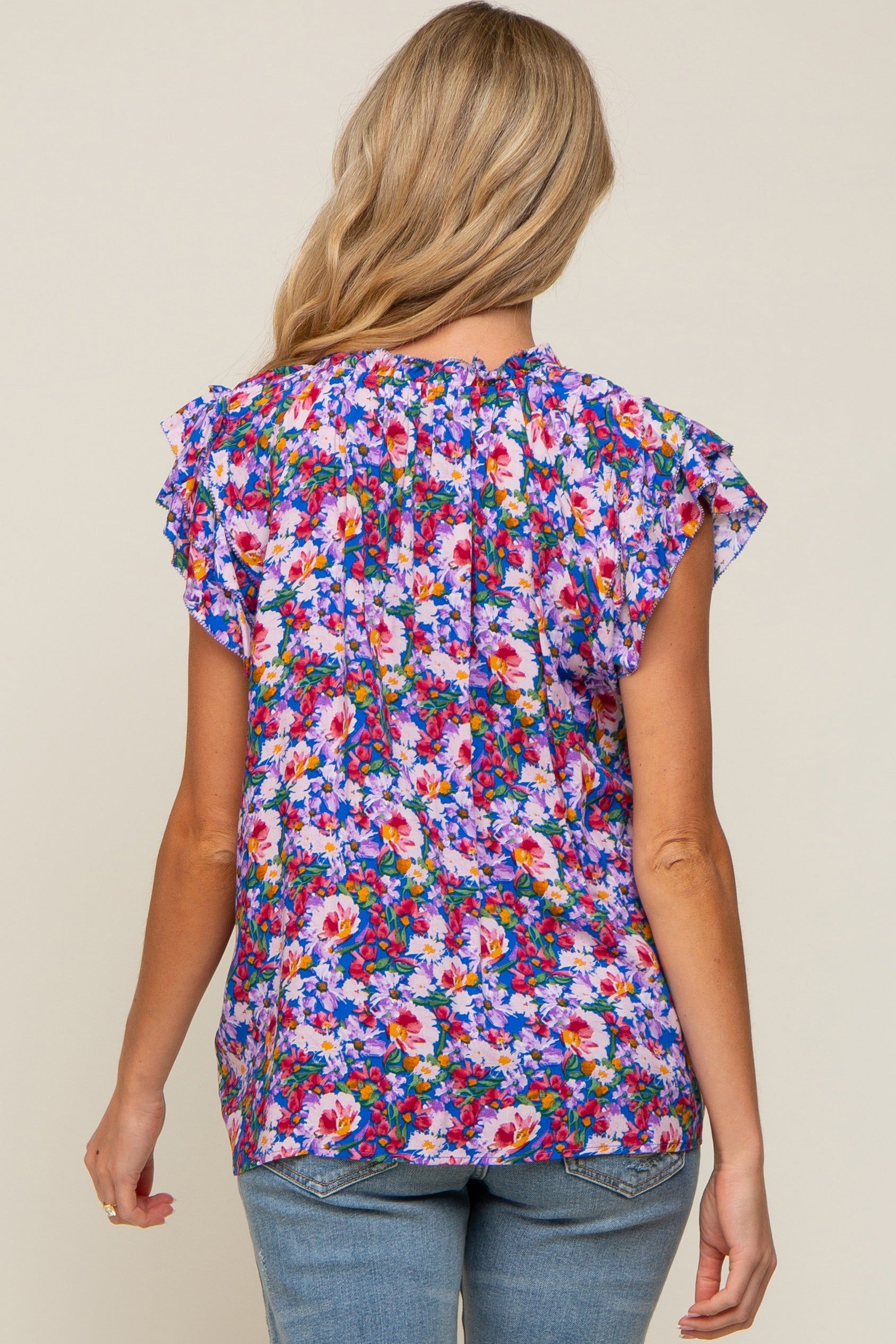 Royal Blue Floral Layered Sleeve Maternity Top sold by Pinkblush product image thumbnail 3