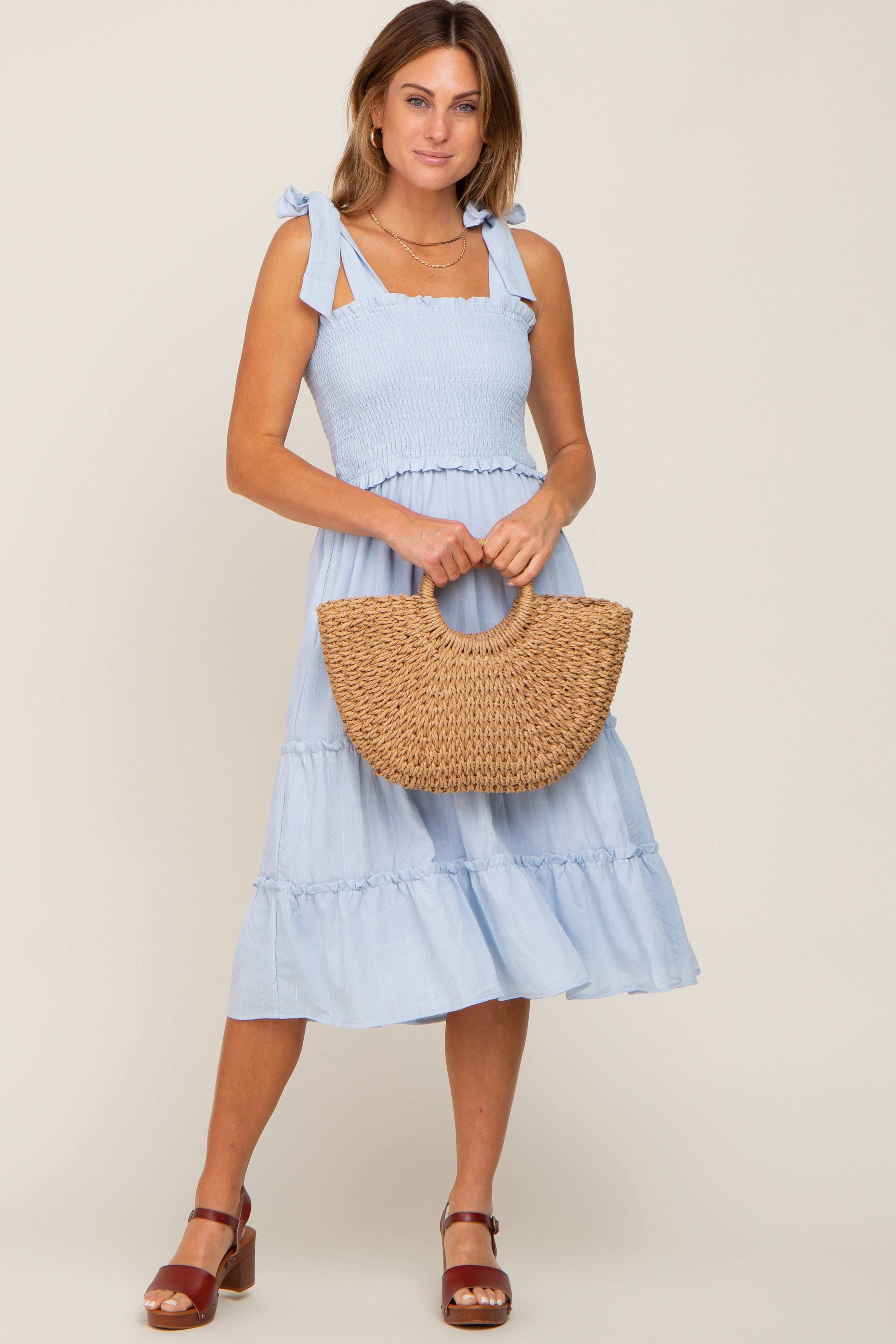 Blue Square Print Smocked Tie Strap Maternity Midi Dress sold by Pinkblush product image thumbnail 5