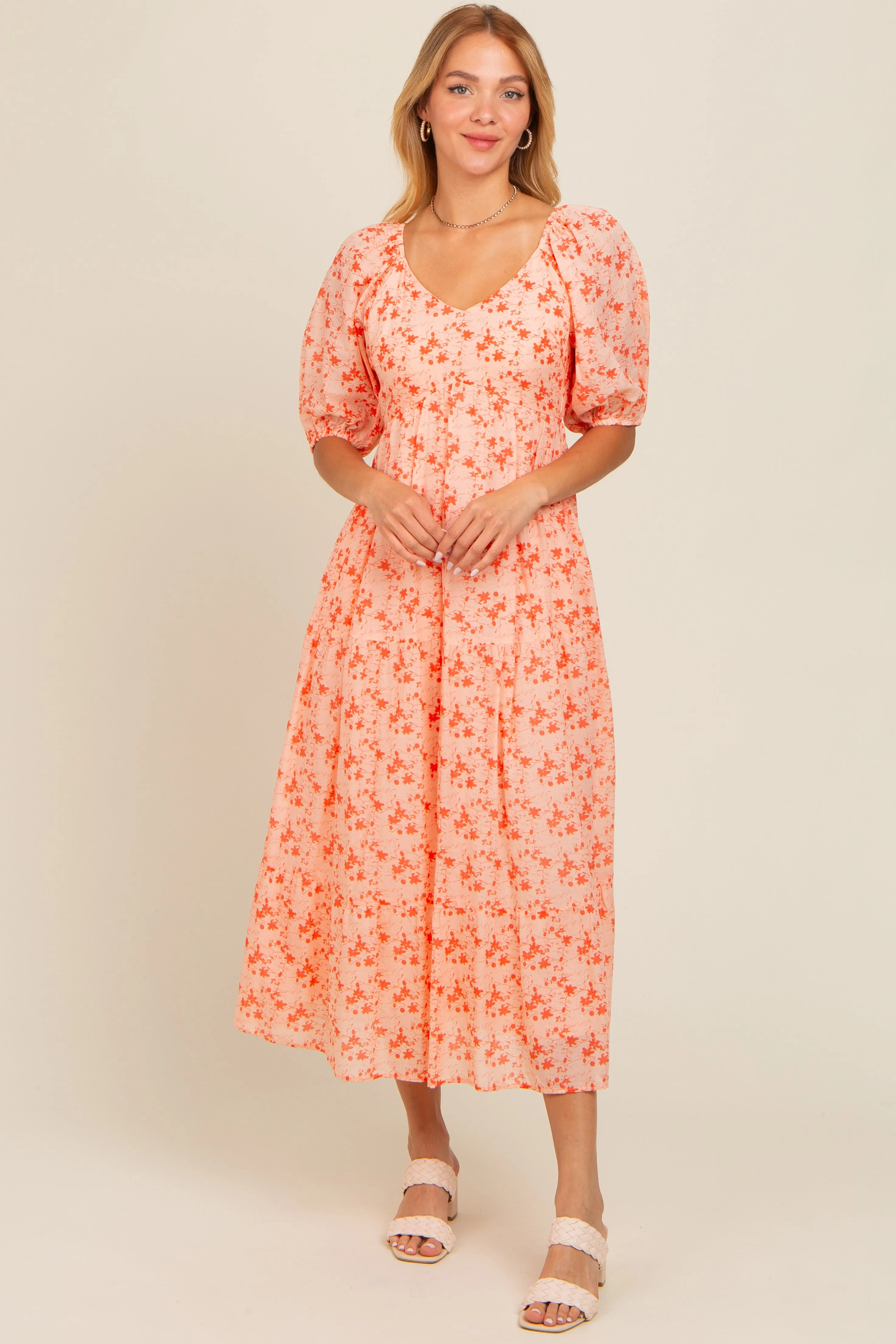 Red Floral V-Neck Tiered Midi Dress sold by Pinkblush product image thumbnail 2