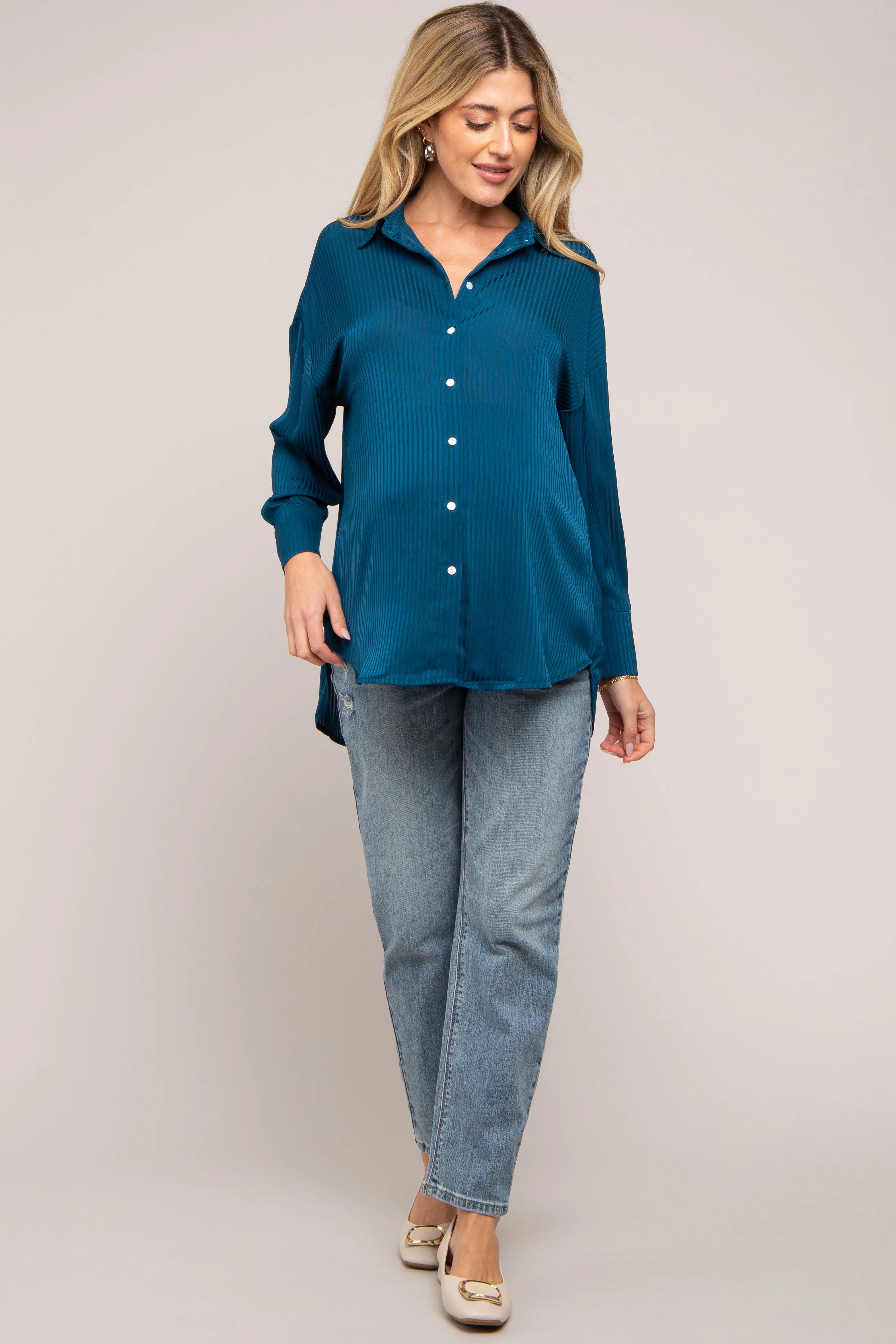 Dark Teal Striped Button Up Maternity Top sold by Pinkblush product image thumbnail 4