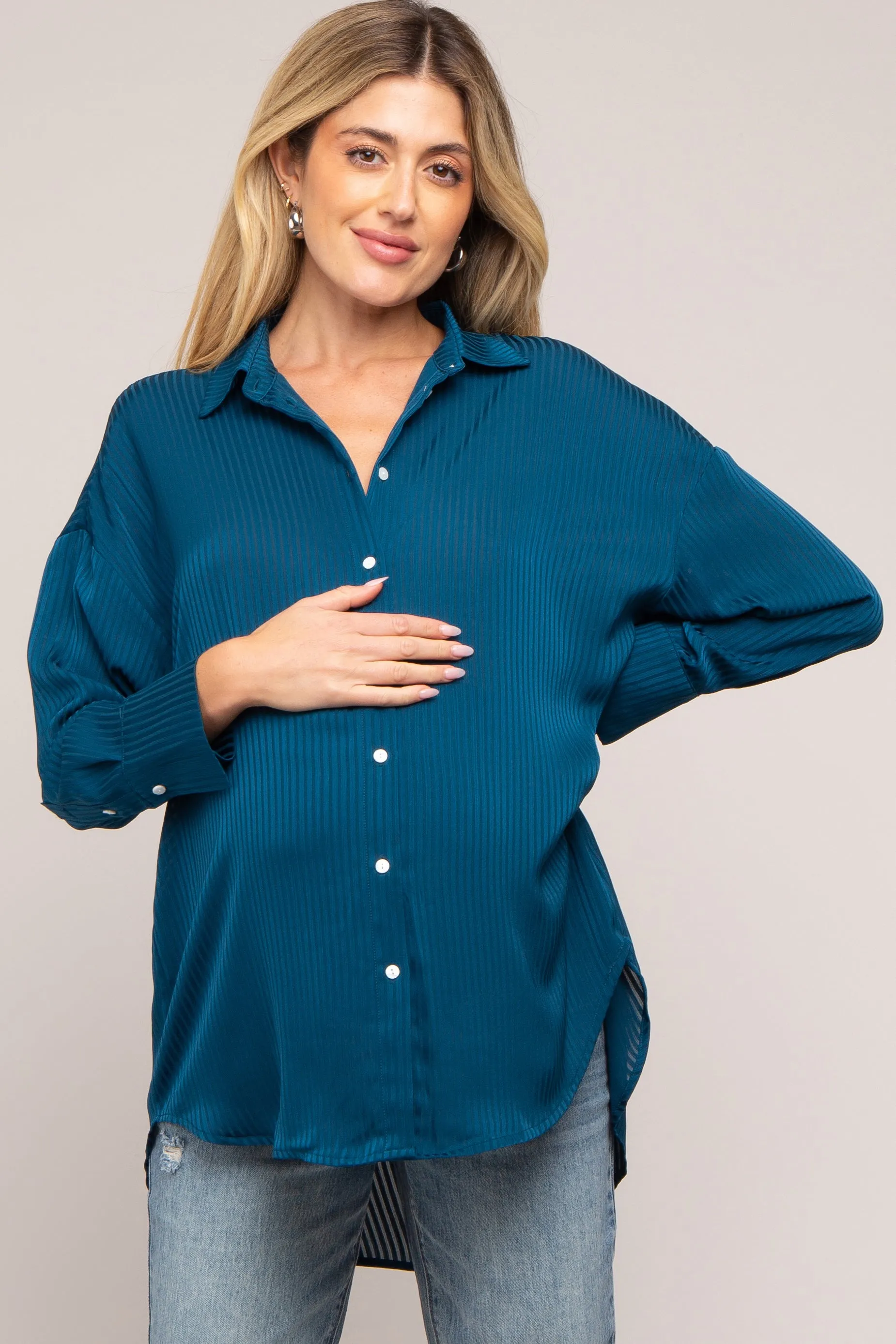 Dark Teal Striped Button Up Maternity Top sold by Pinkblush