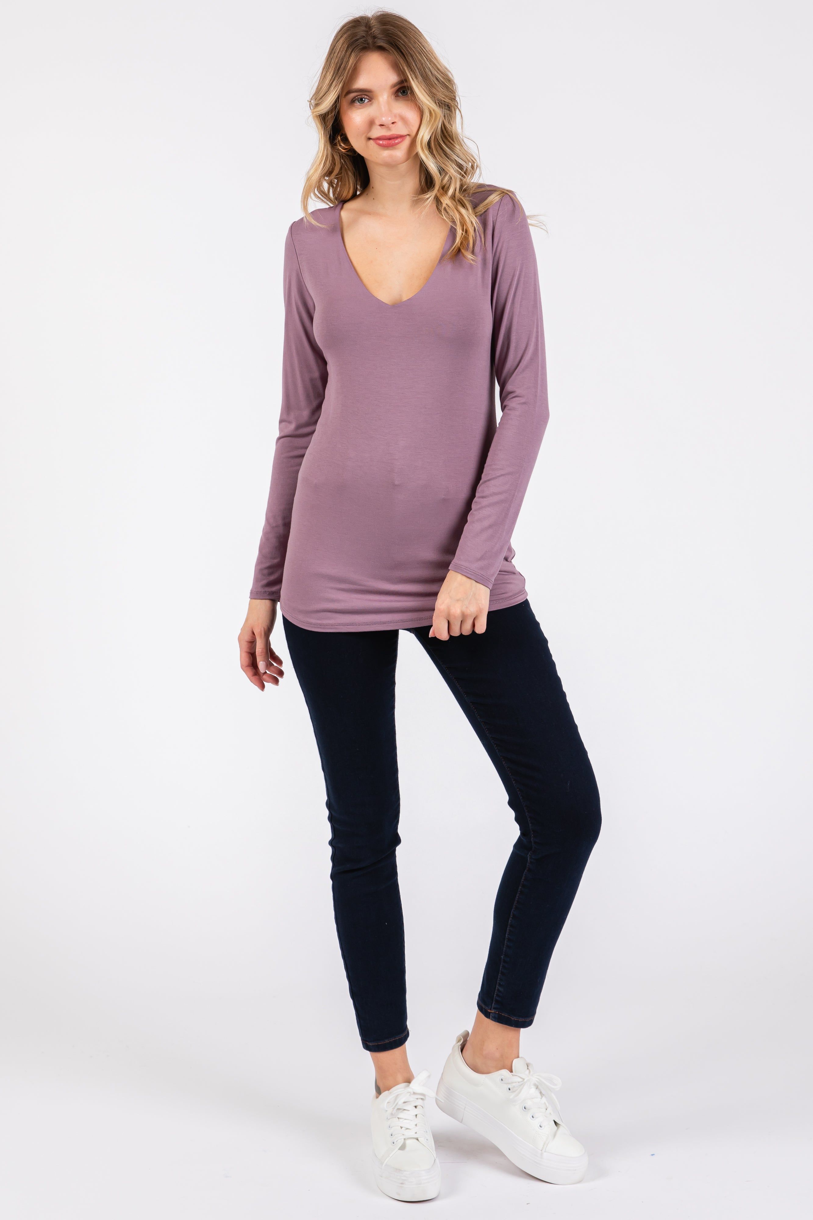Mauve V-Neck Long Sleeve Top sold by Pinkblush product image thumbnail 4