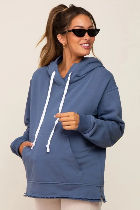 Blue Raw Edge Trim Maternity Drawstring Hoodie sold by Pinkblush