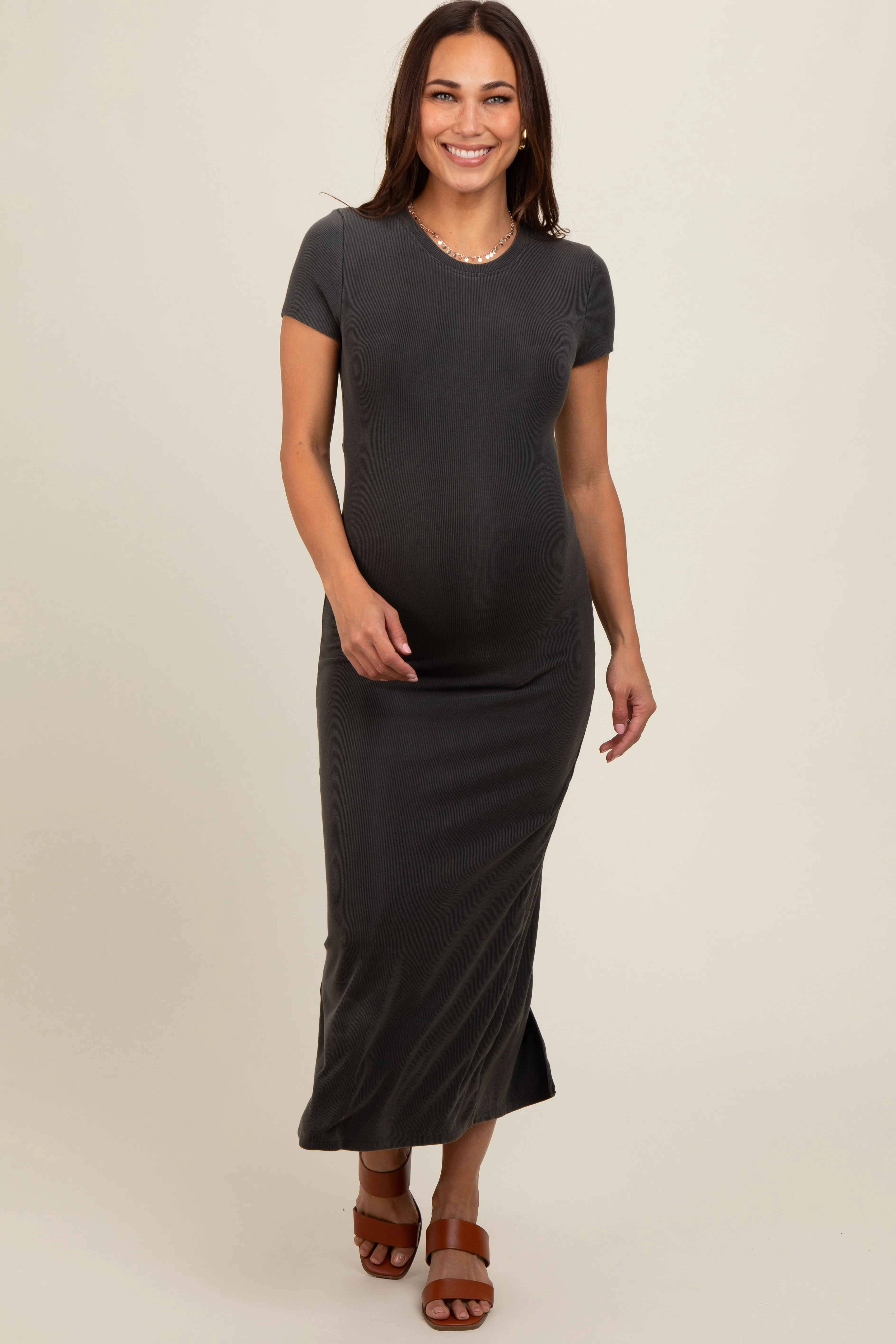 Charcoal Rib Knit Back Slit Maternity Dress sold by Pinkblush