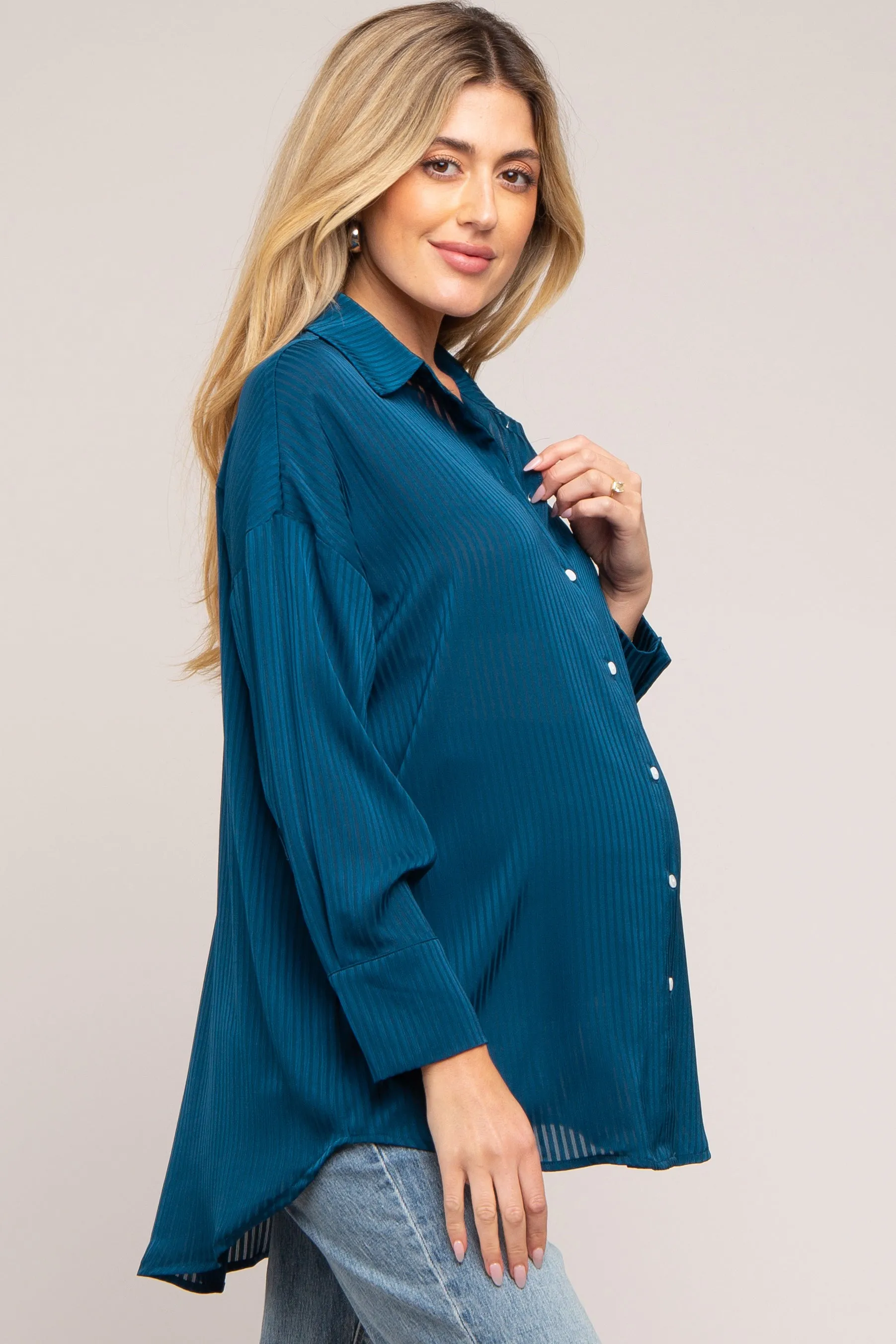 Dark Teal Striped Button Up Maternity Top sold by Pinkblush product image thumbnail 2
