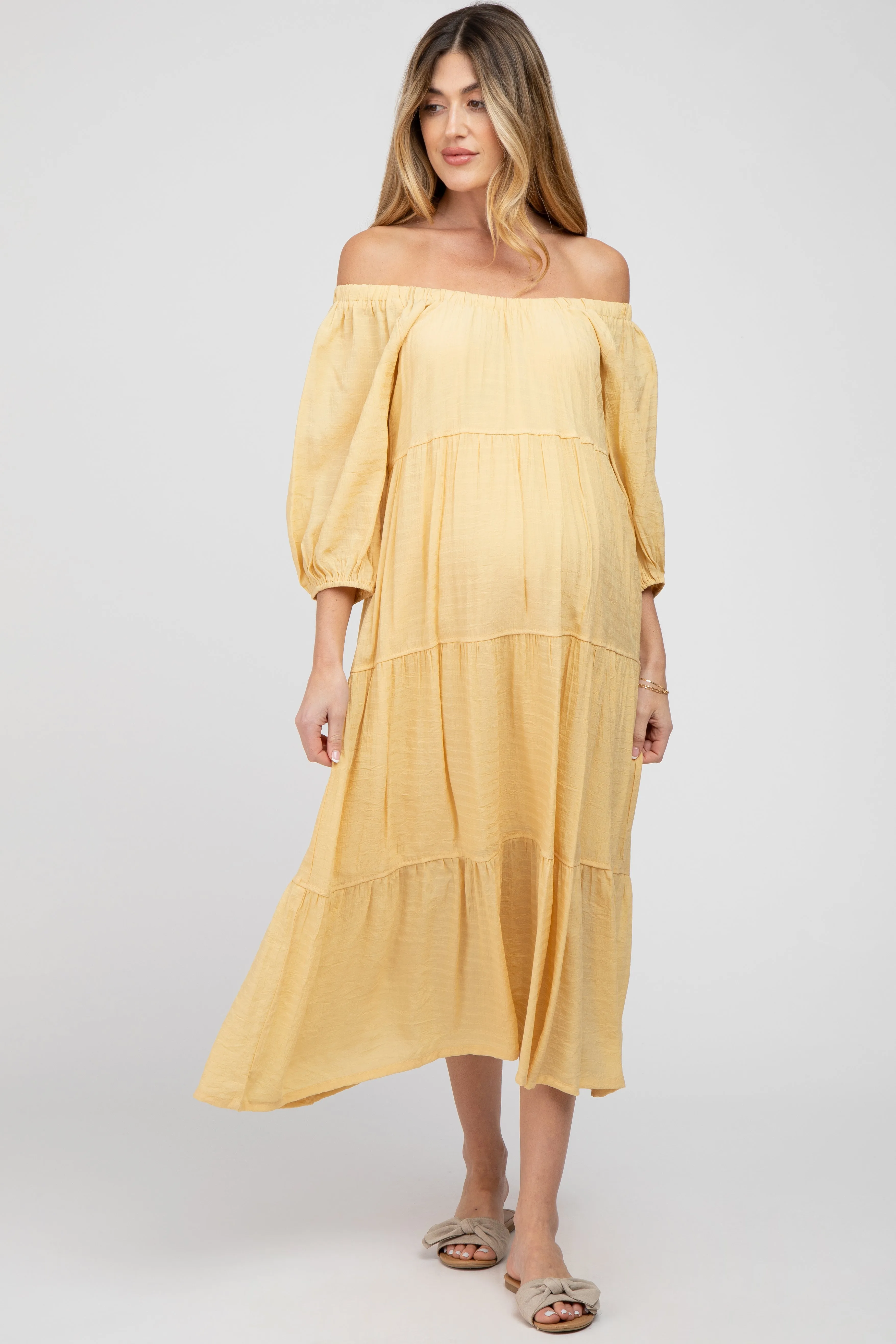 Yellow Tiered Maternity Midi Dress sold by Pinkblush