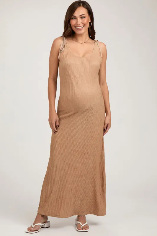 Mocha Textured Tie Strap Maternity Midi Dress sold by Pinkblush