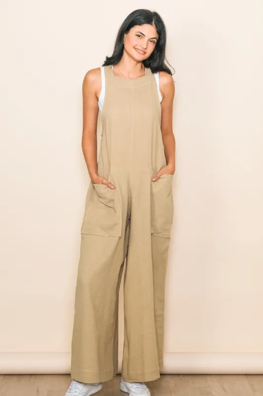 Taupe Relaxed Wide Leg Tie Back Romper Jumpsuit sold by Pinkblush