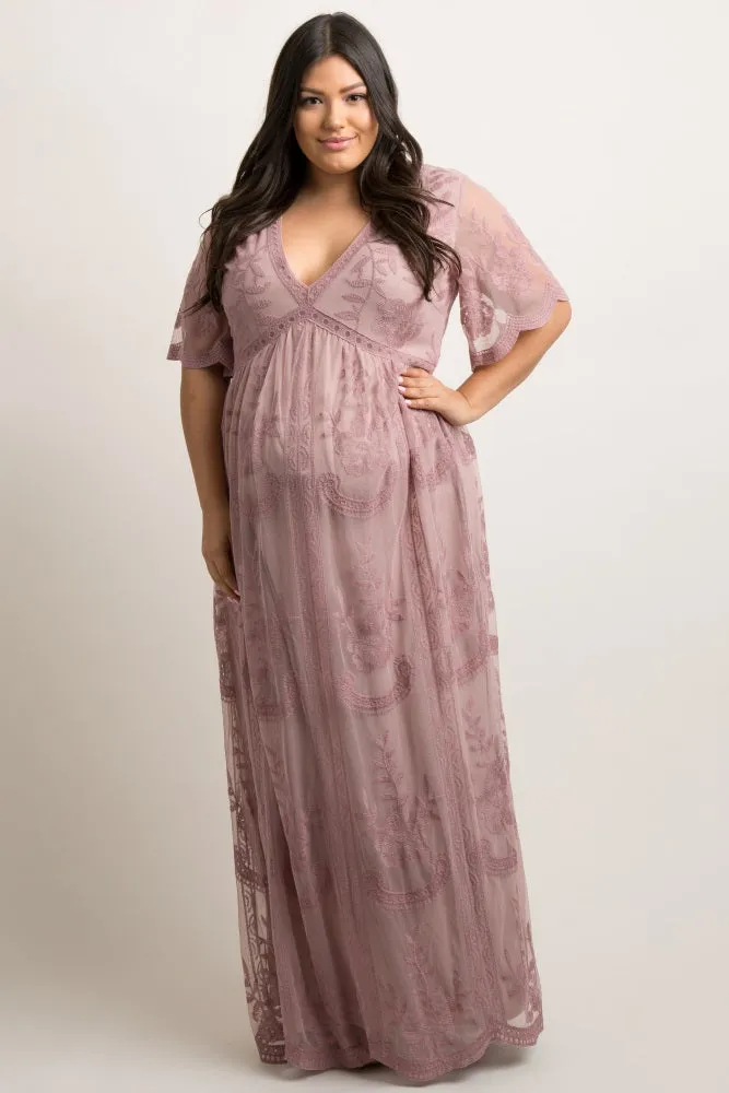 PinkBlush Mauve Lace Mesh Overlay Plus Maternity Maxi Dress sold by Pinkblush
