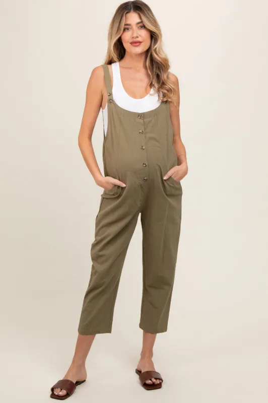 Olive Button Down Maternity Cropped Jumpsuit sold by Pinkblush