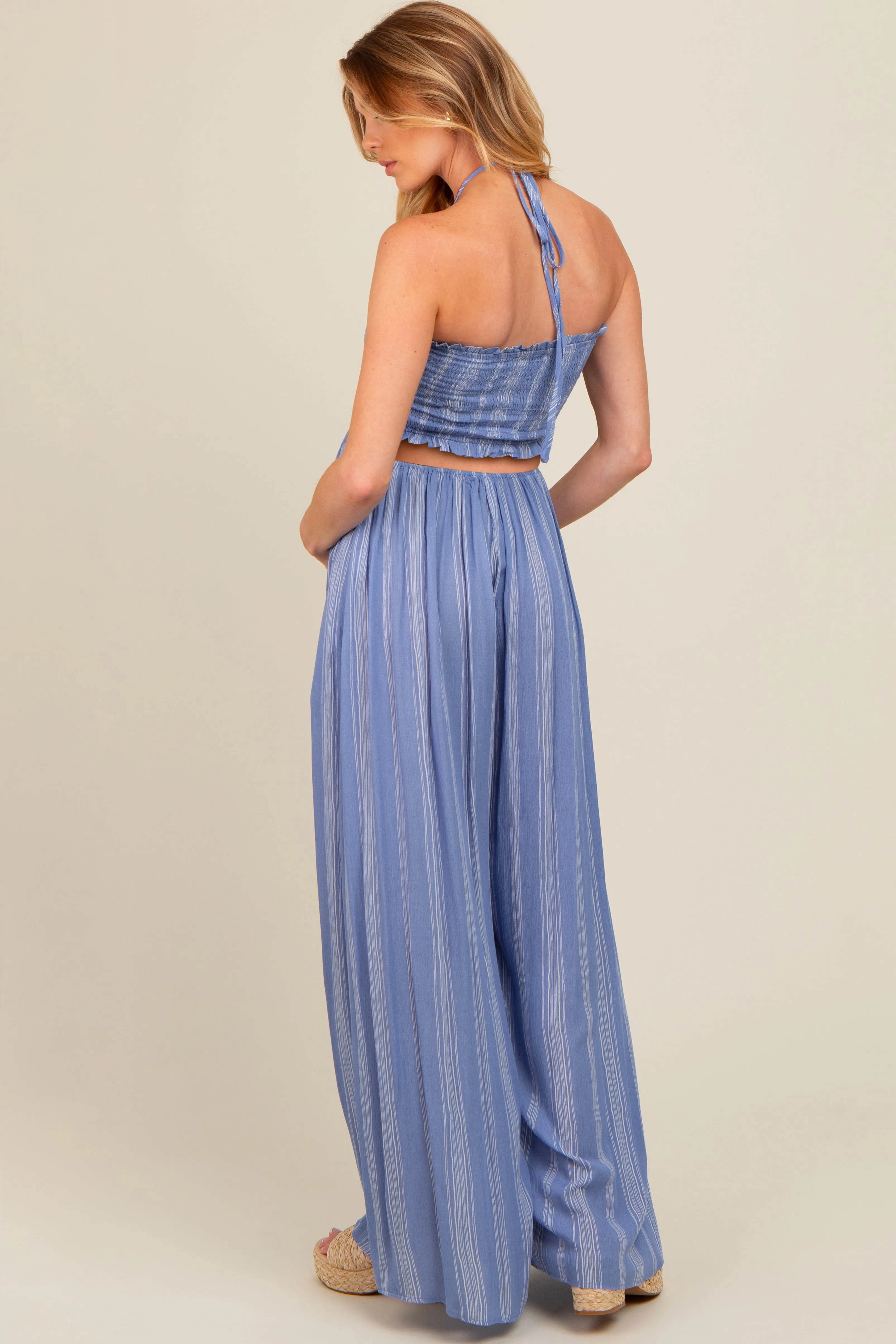 Blue Striped Cutout Halter Wide Leg Maternity Jumpsuit sold by Pinkblush product image thumbnail 4