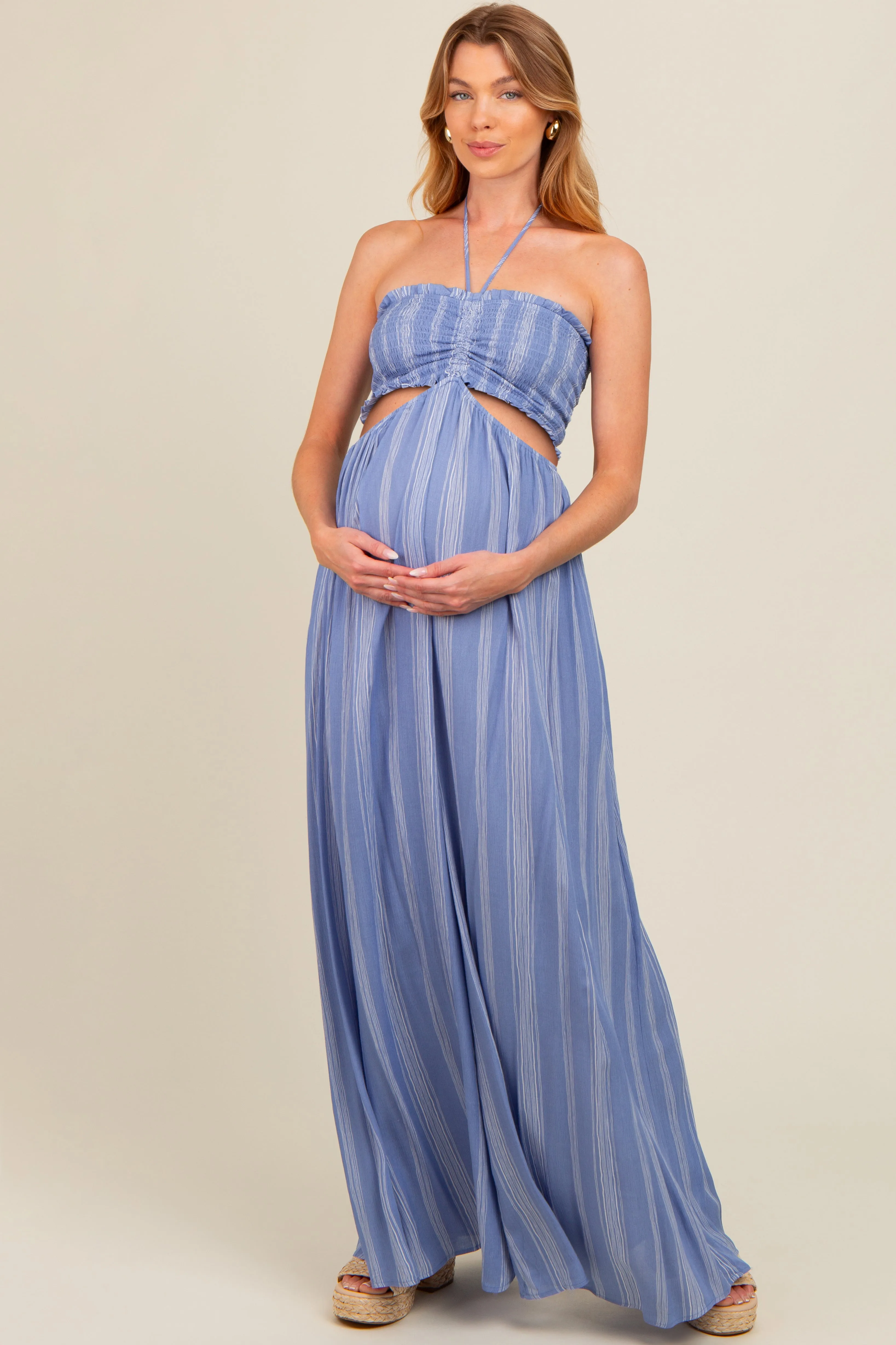 Blue Striped Cutout Halter Wide Leg Maternity Jumpsuit sold by Pinkblush