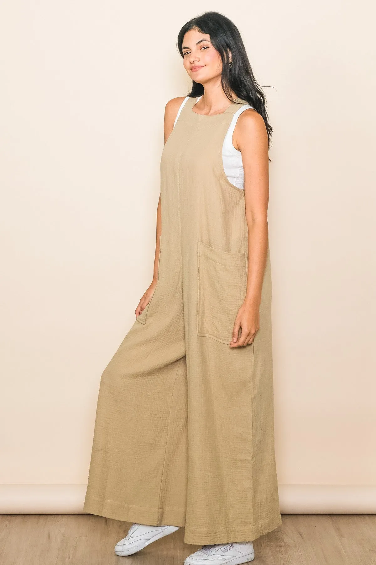 Taupe Relaxed Wide Leg Tie Back Romper Jumpsuit sold by Pinkblush product image thumbnail 2
