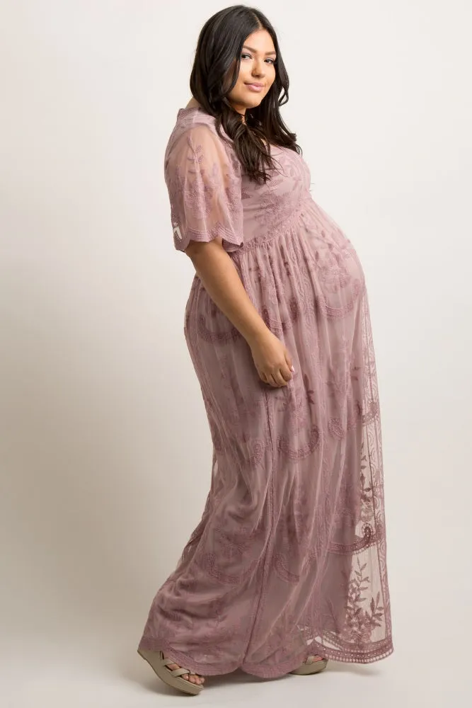 PinkBlush Mauve Lace Mesh Overlay Plus Maternity Maxi Dress sold by Pinkblush product image thumbnail 2