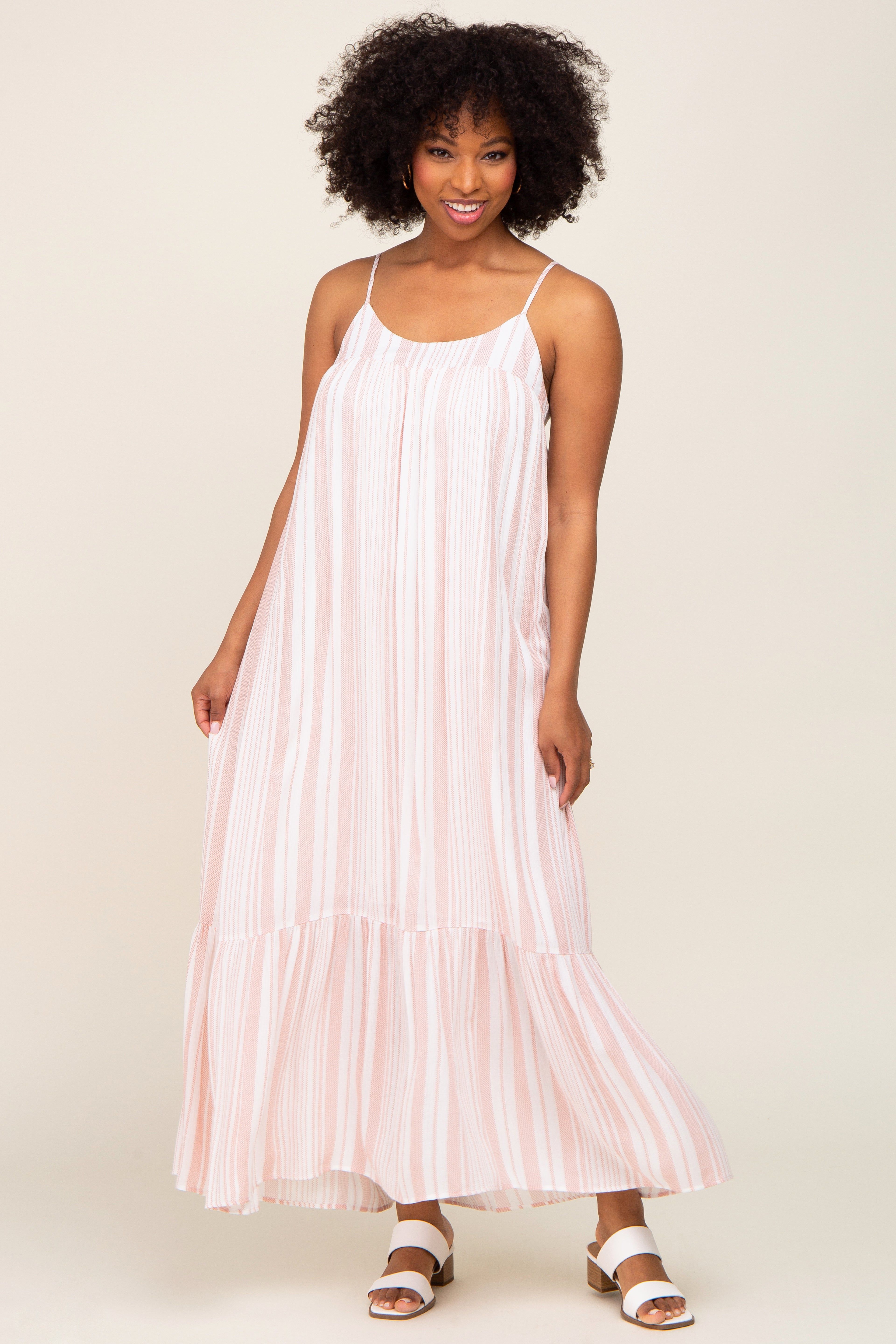 Coral Striped Sleeveless Maxi Dress sold by Pinkblush