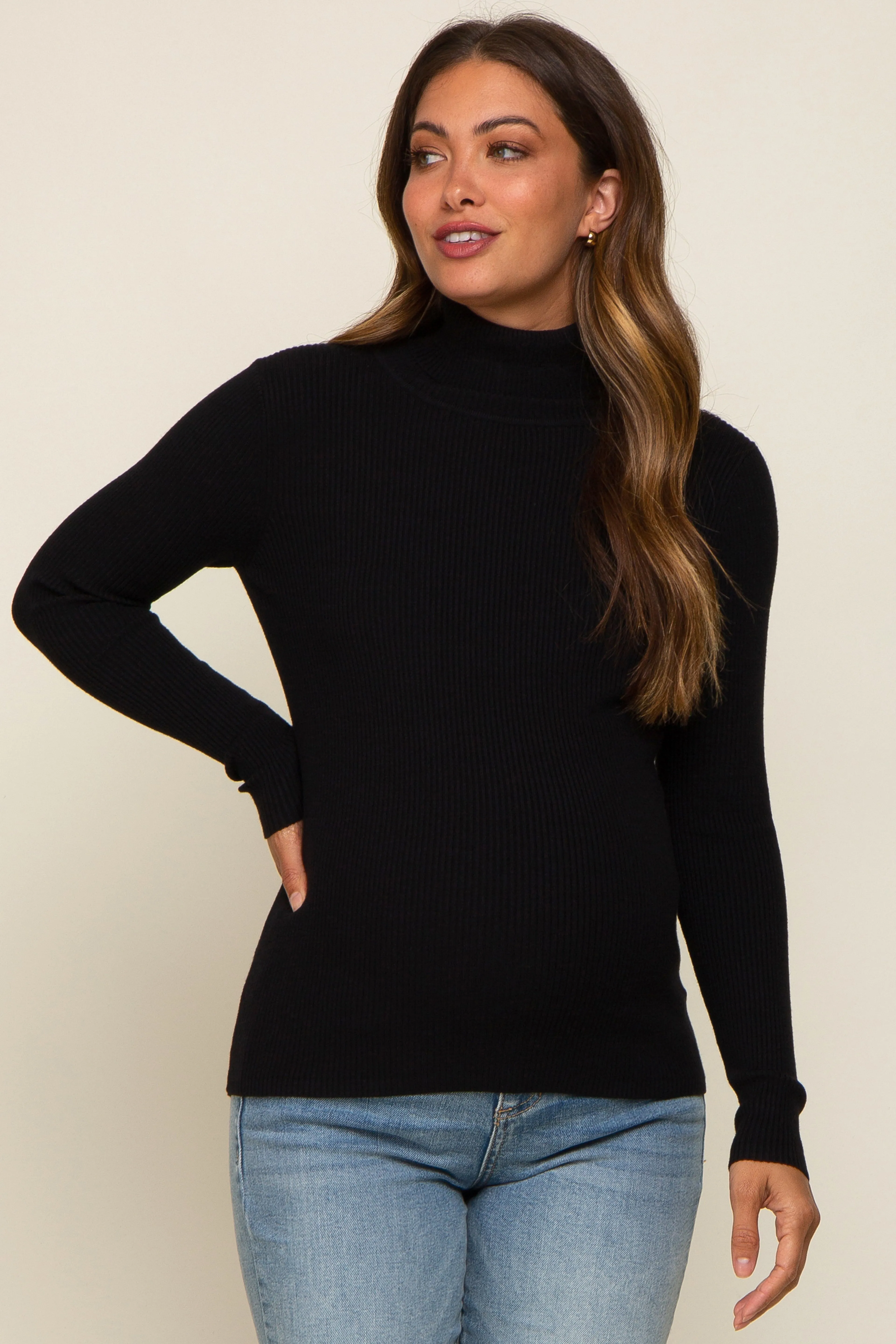 Black Ribbed Fitted Long Sleeve Maternity Top sold by Pinkblush