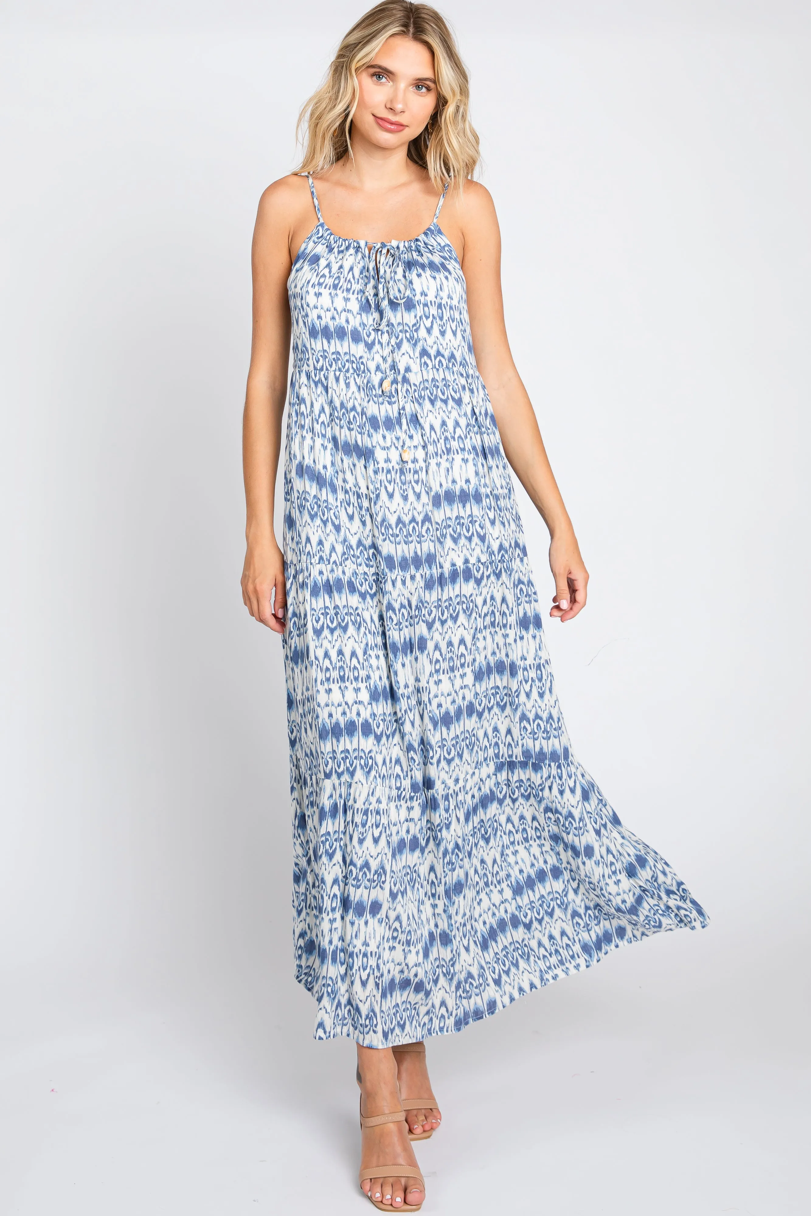 Blue Printed Tiered Maxi Dress sold by Pinkblush