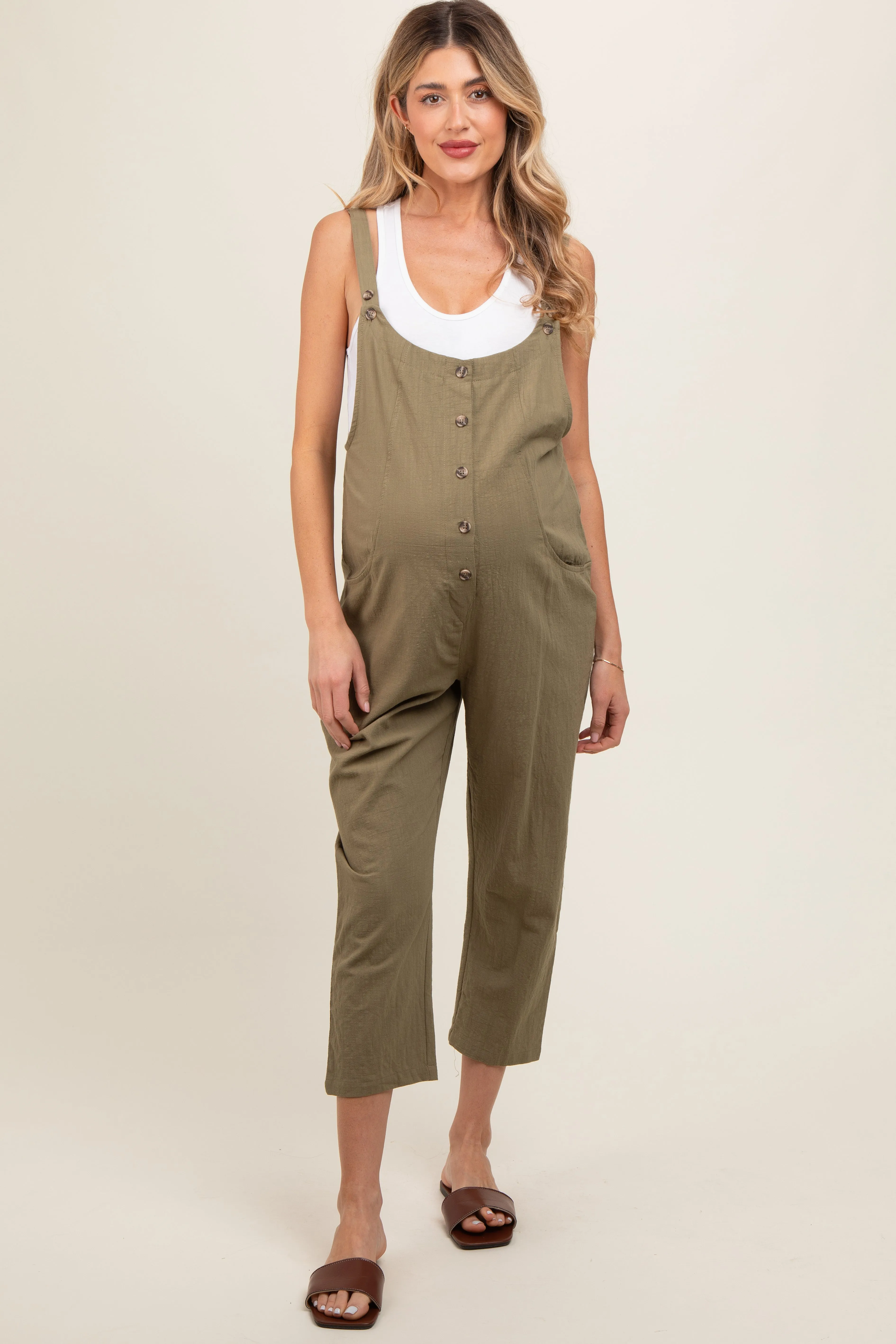 Olive Button Down Maternity Cropped Jumpsuit sold by Pinkblush product image thumbnail 2