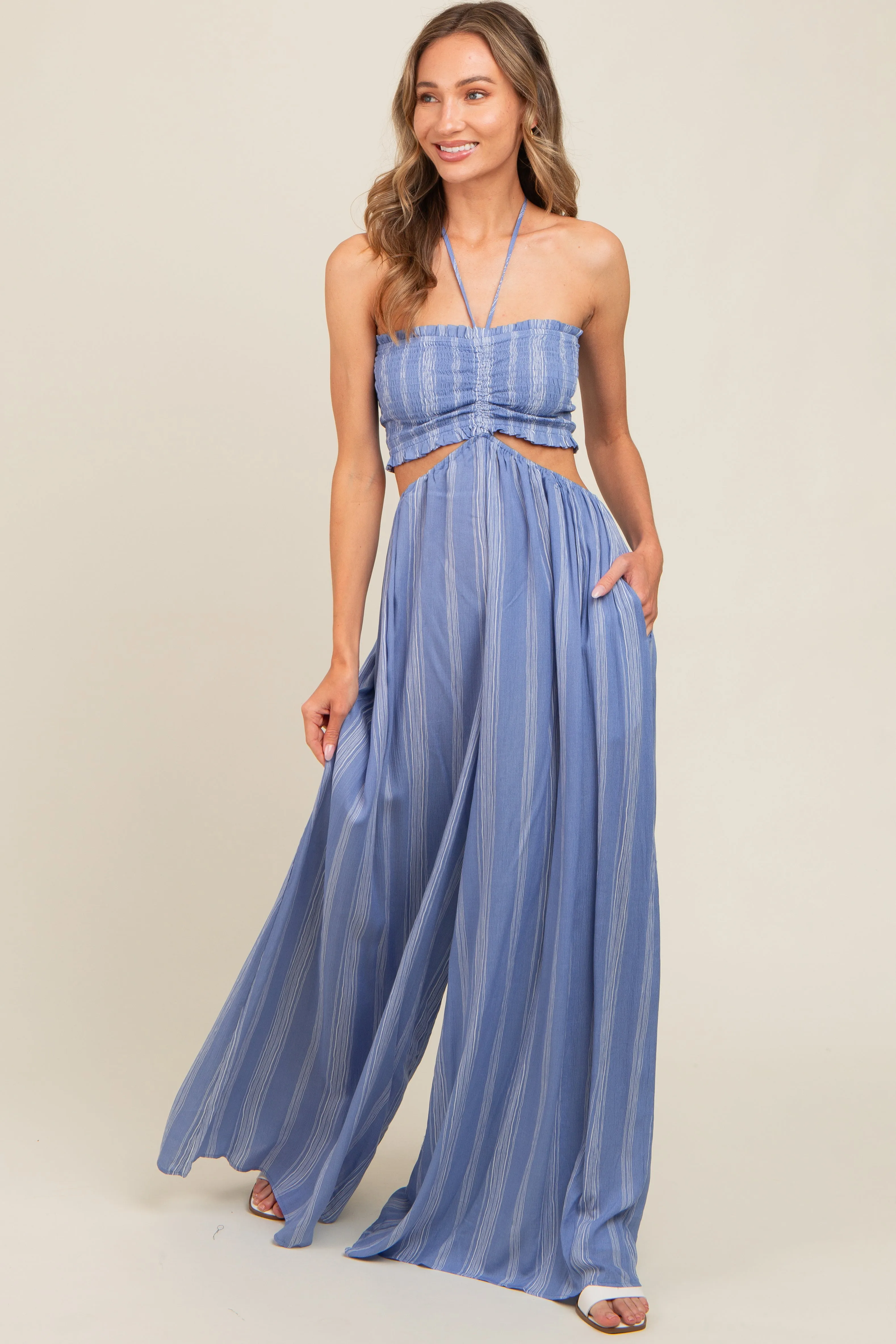 Blue Striped Cutout Halter Wide Leg Maternity Jumpsuit sold by Pinkblush product image thumbnail 5
