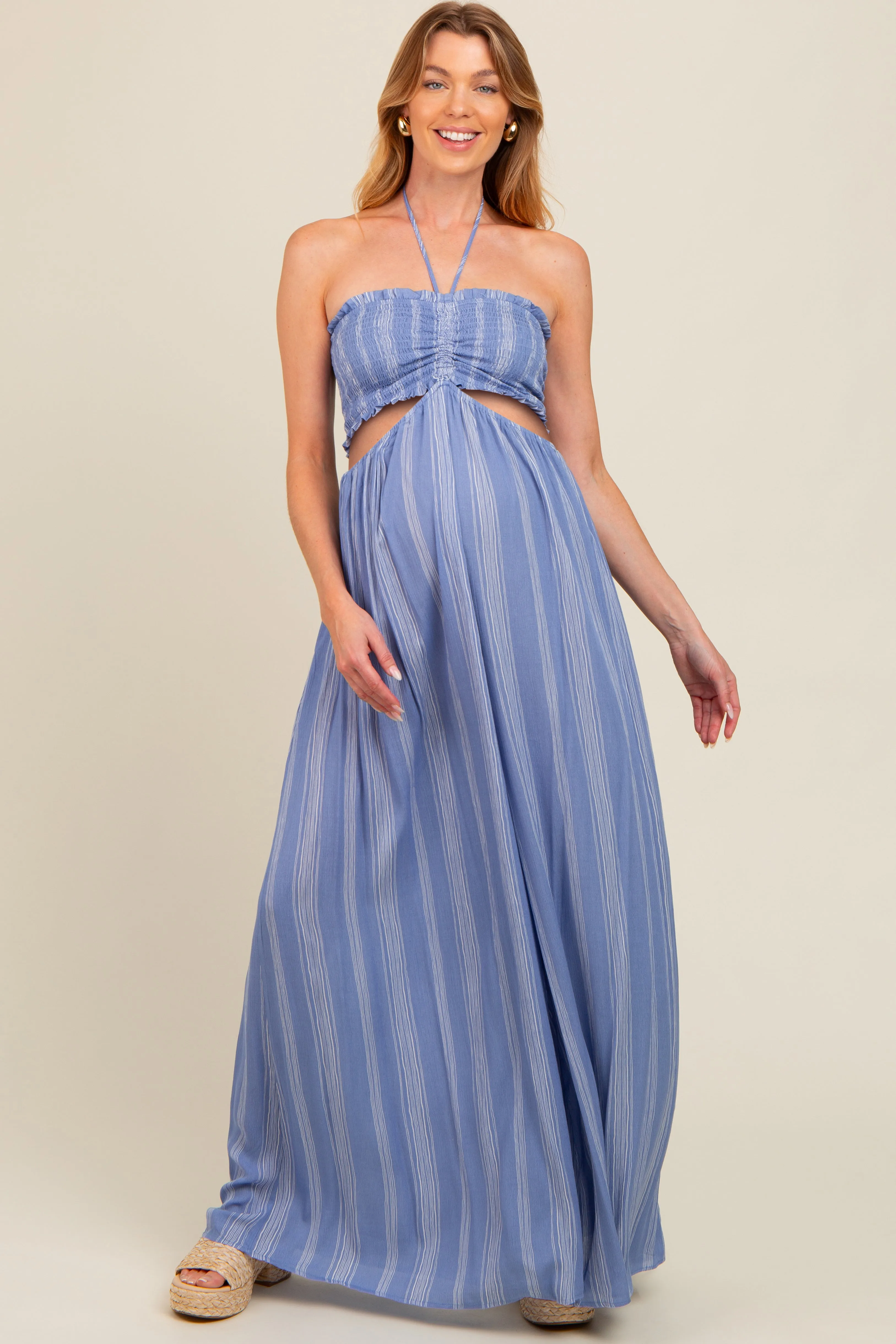Blue Striped Cutout Halter Wide Leg Maternity Jumpsuit sold by Pinkblush product image thumbnail 2
