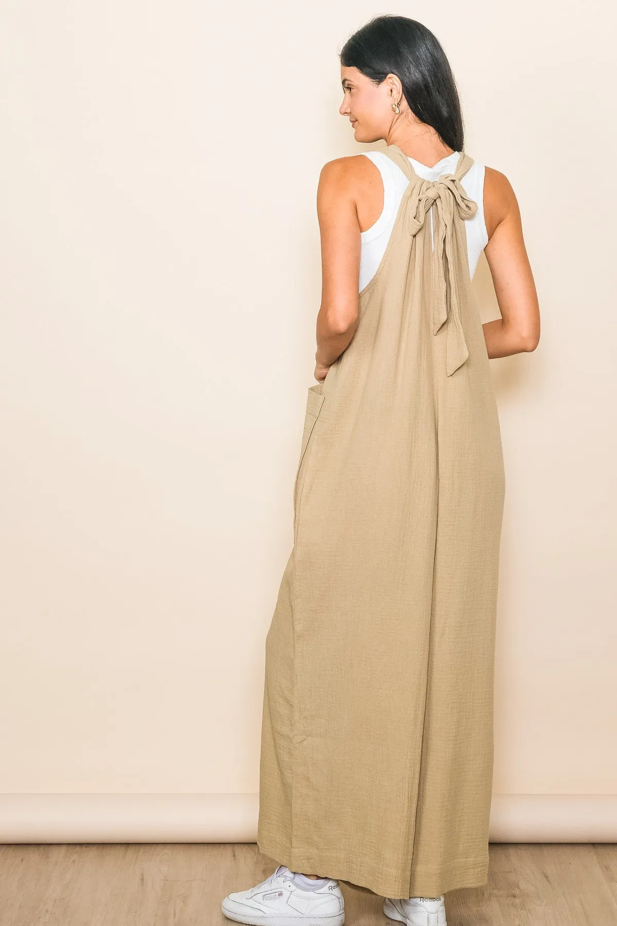 Taupe Relaxed Wide Leg Tie Back Romper Jumpsuit sold by Pinkblush product image thumbnail 3