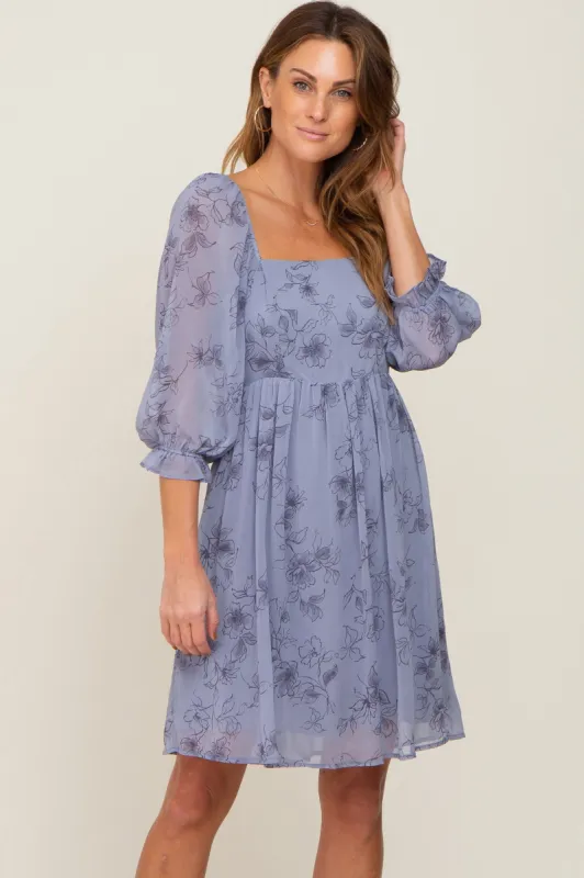 Blue Floral 3/4 Sleeve Chiffon Dress sold by Pinkblush