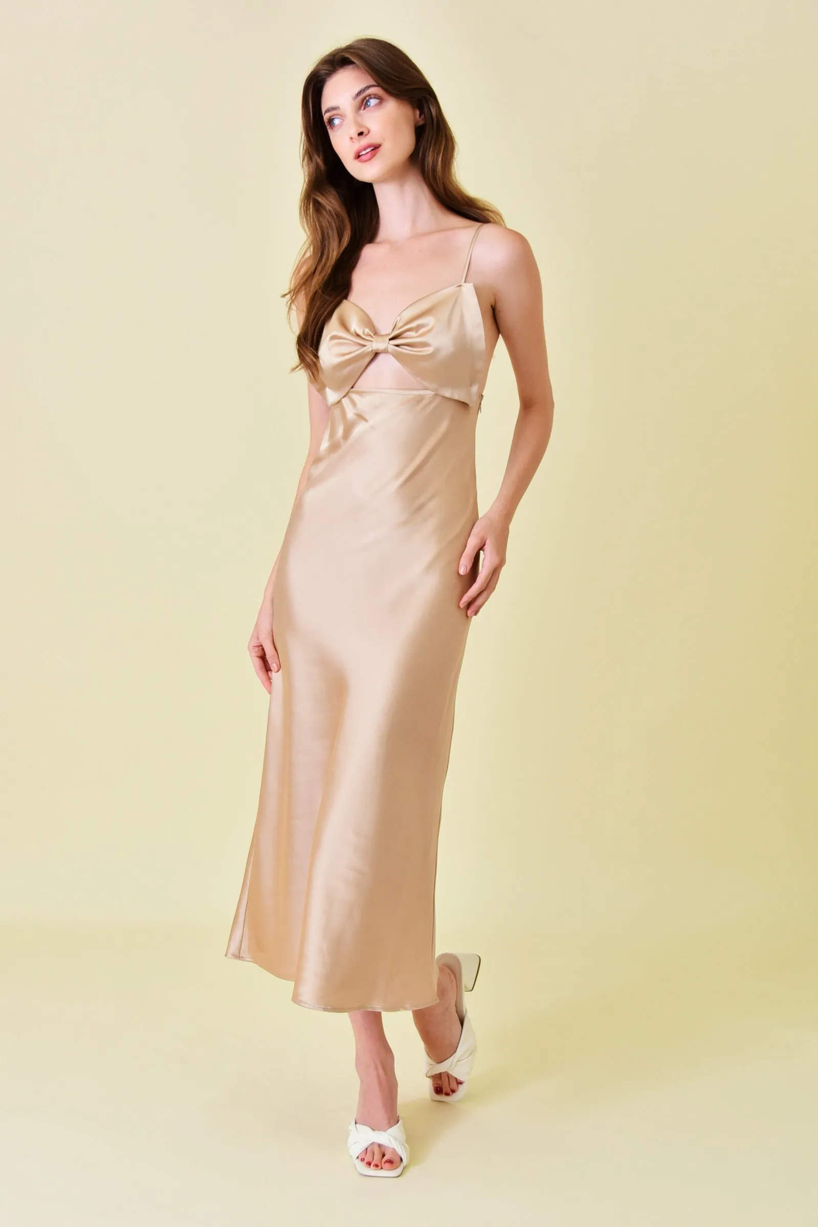 Champagne Bow Satin Slip Midi Party Dress sold by Pinkblush