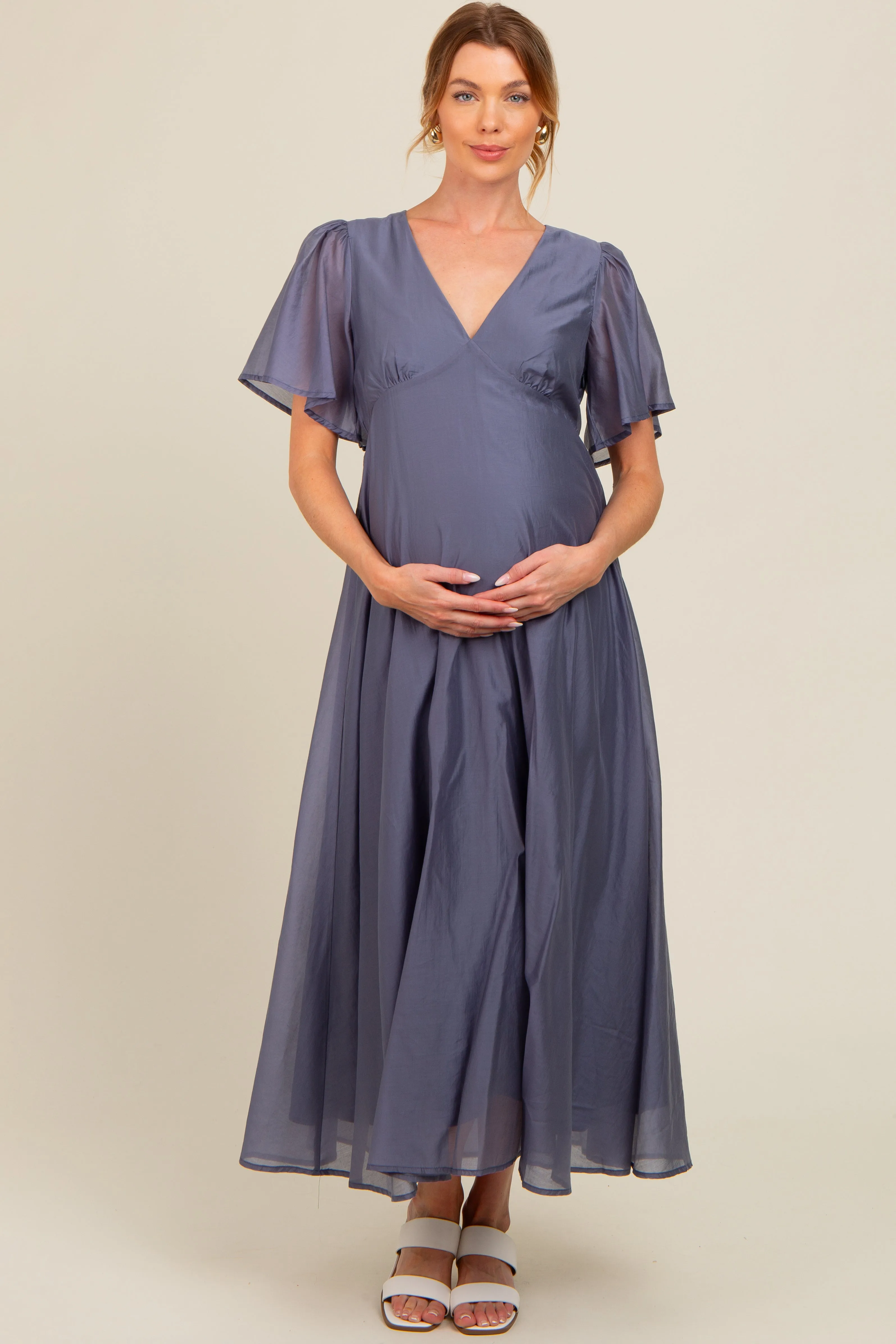 Blue V-Neck Flutter Sleeve Maternity Maxi Dress sold by Pinkblush
