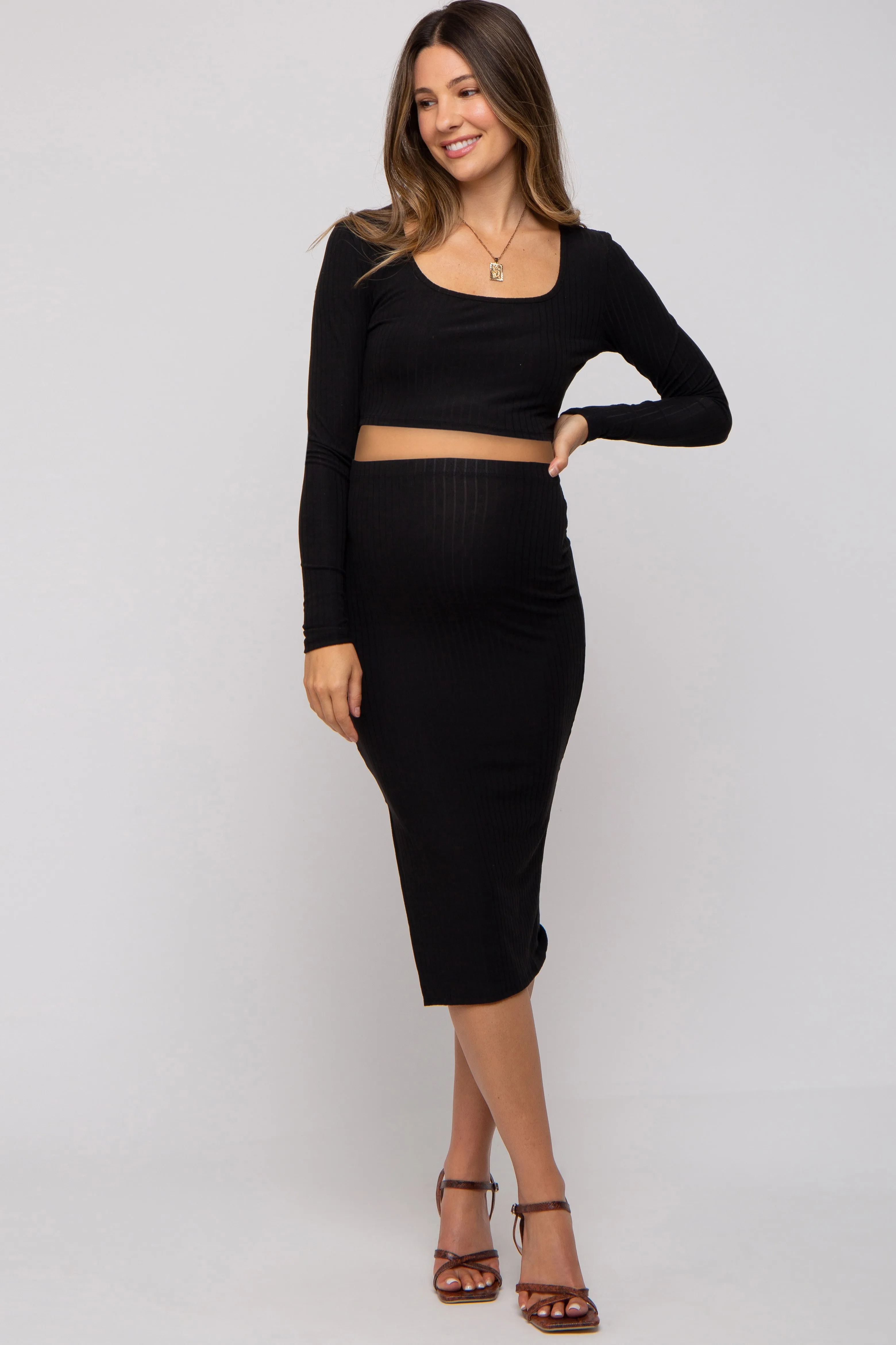 Black Ribbed Maternity Crop Top Midi Skirt Set sold by Pinkblush