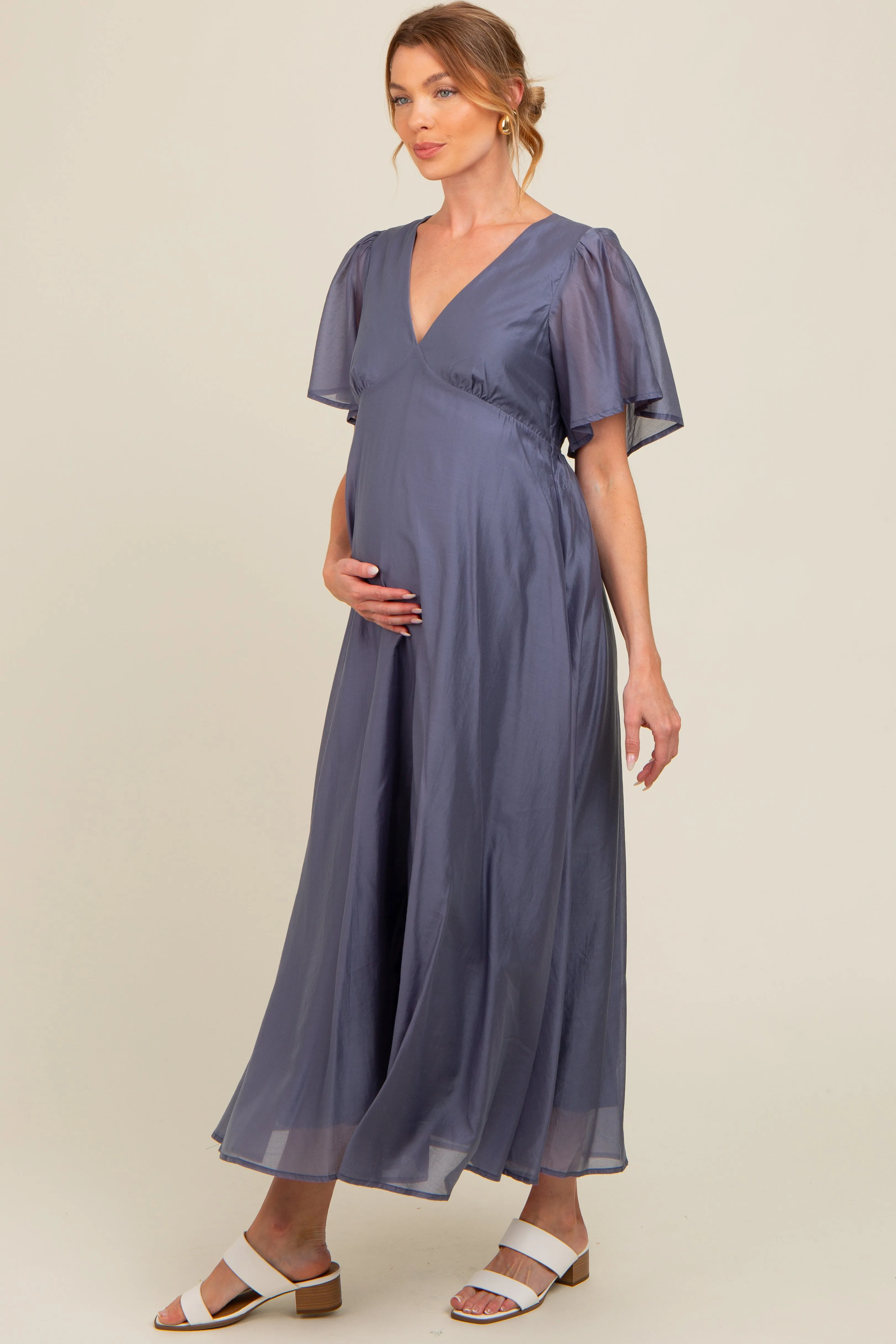 Blue V-Neck Flutter Sleeve Maternity Maxi Dress sold by Pinkblush product image thumbnail 2
