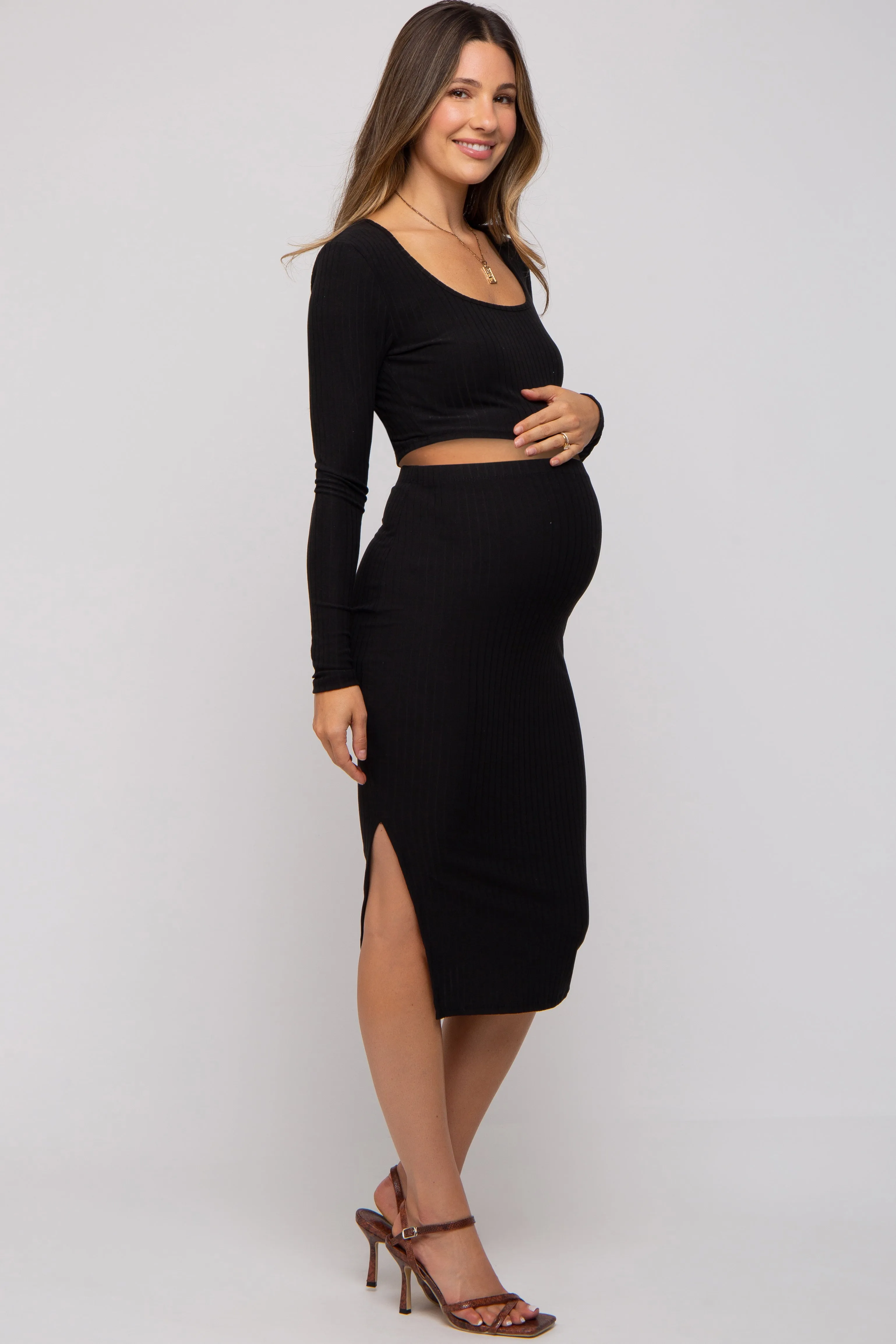 Black Ribbed Maternity Crop Top Midi Skirt Set sold by Pinkblush product image thumbnail 2