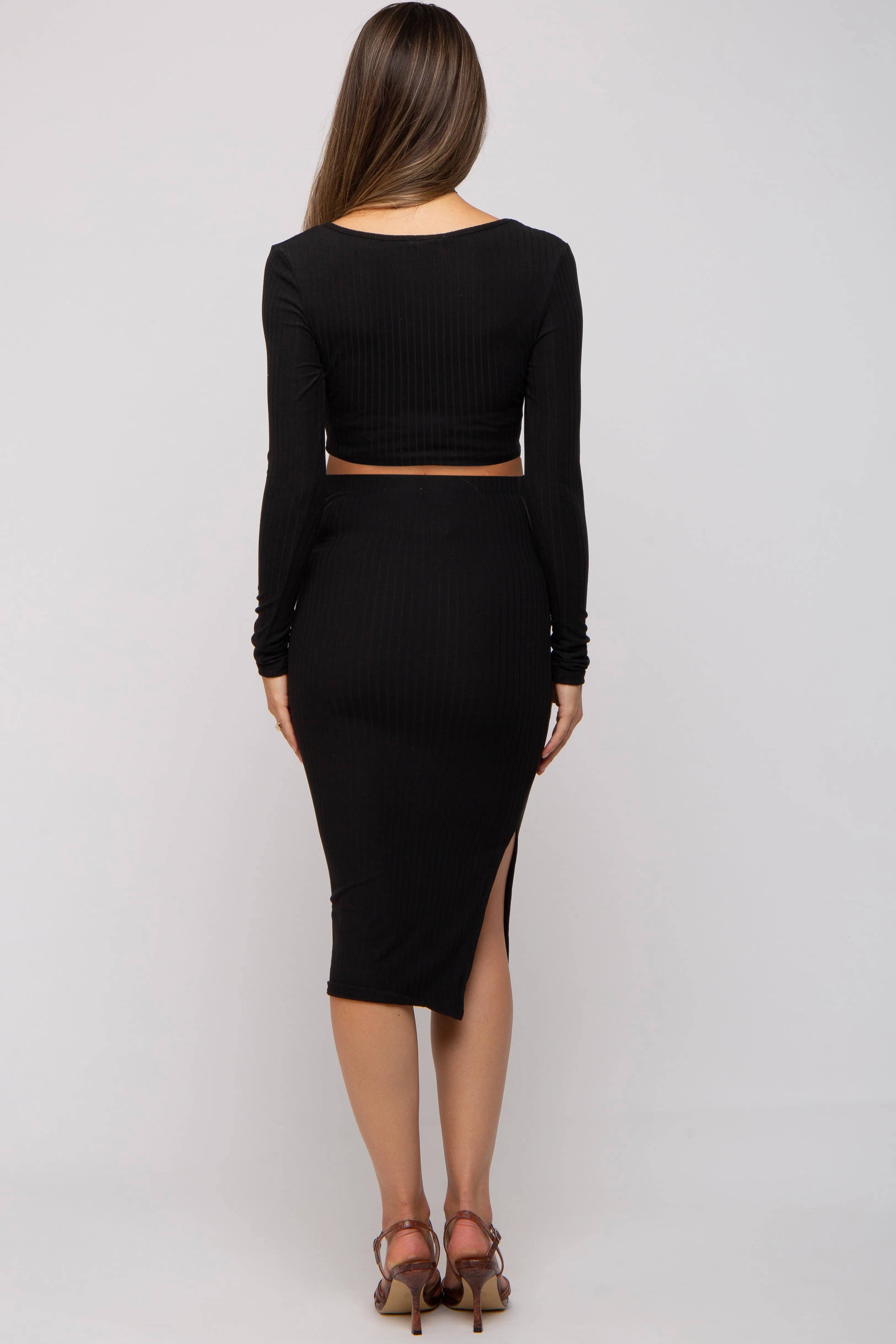 Black Ribbed Maternity Crop Top Midi Skirt Set sold by Pinkblush product image thumbnail 3