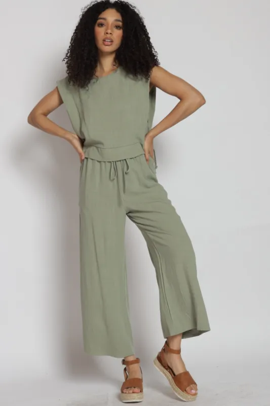 Olive Linen Top And Pants With Side Pockets sold by Pinkblush