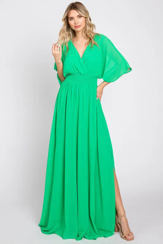 Green Chiffon V-Neck Smocked Waist Maxi Dress sold by Pinkblush