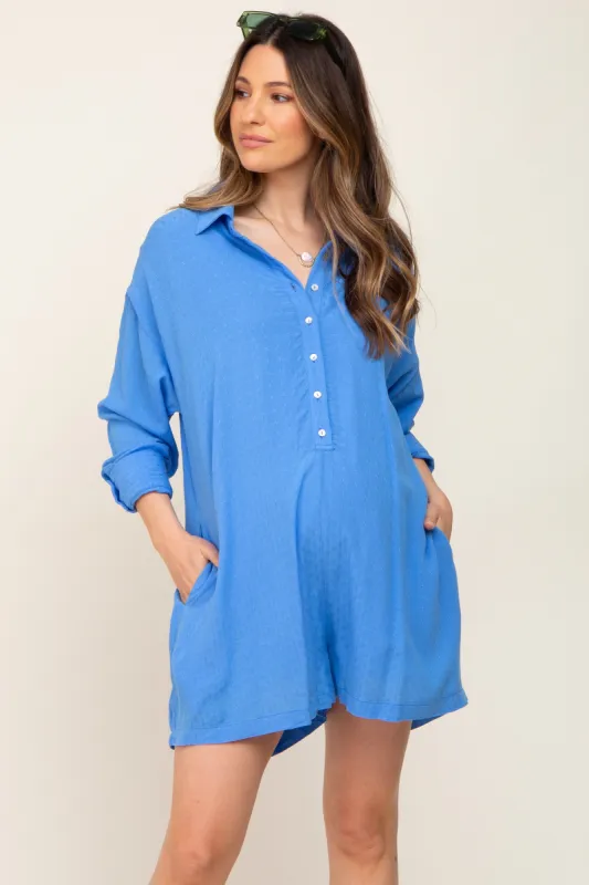 Blue Jacquard Button Down Maternity Romper sold by Pinkblush