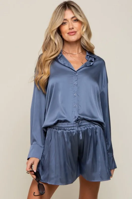 Blue Satin Button Down Maternity Short Sleep Set sold by Pinkblush