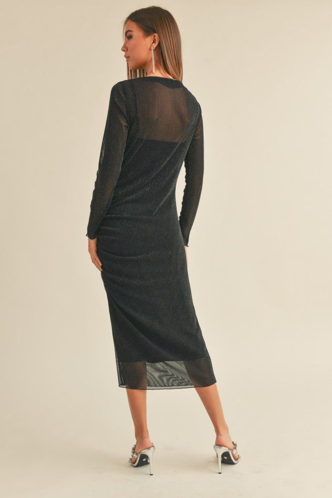 Black Shimmer Mesh Long Sleeve Ruched Midi Dress sold by Pinkblush product image thumbnail 3