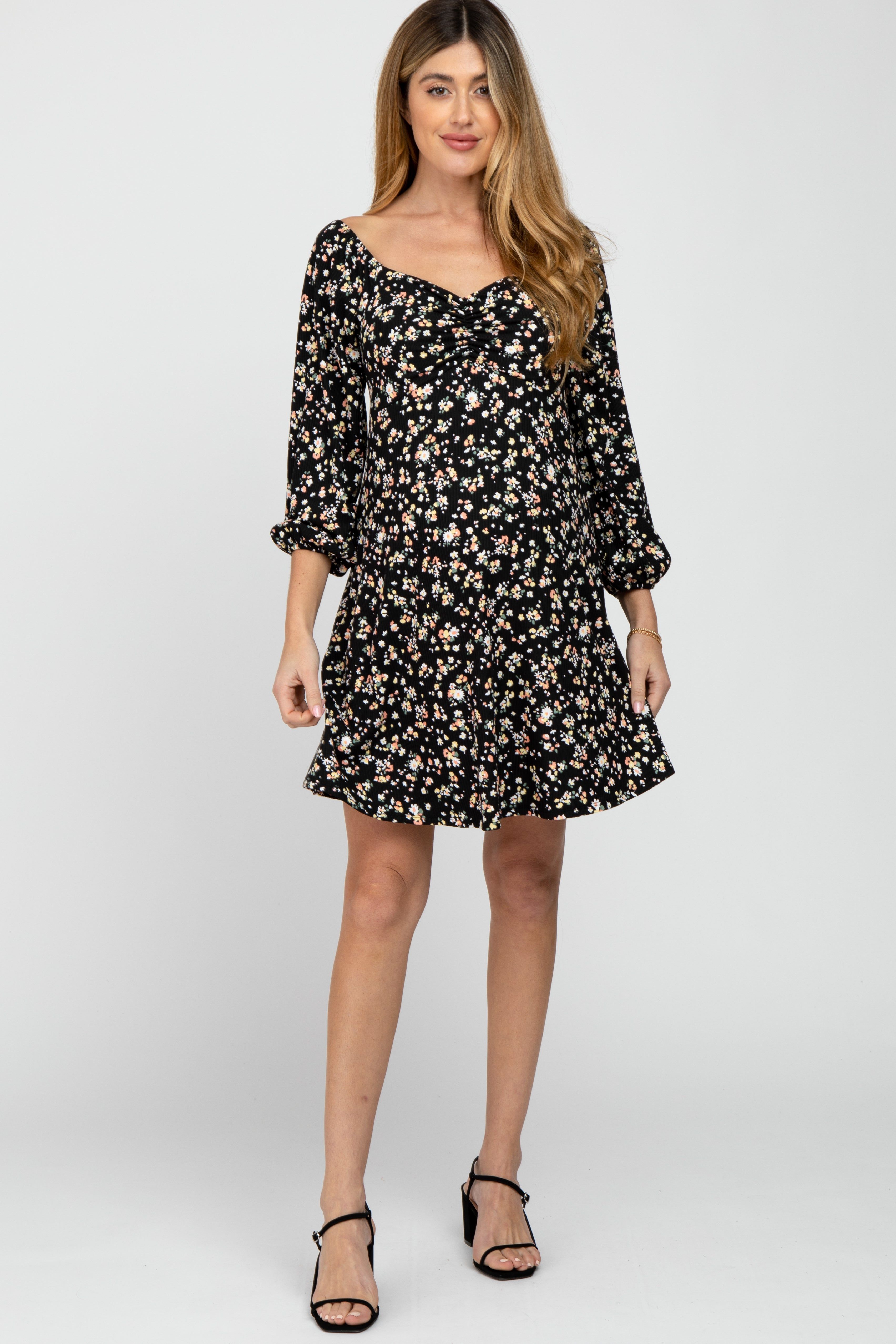 Black Floral Ribbed Ruched Bust Maternity Dress sold by Pinkblush product image thumbnail 2