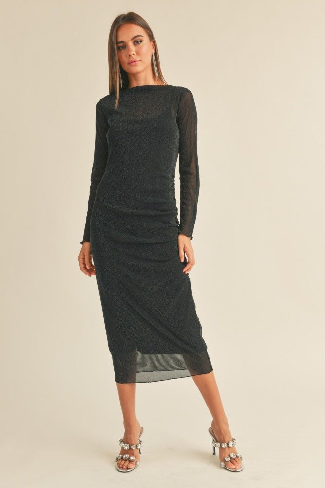 Black Shimmer Mesh Long Sleeve Ruched Midi Dress sold by Pinkblush