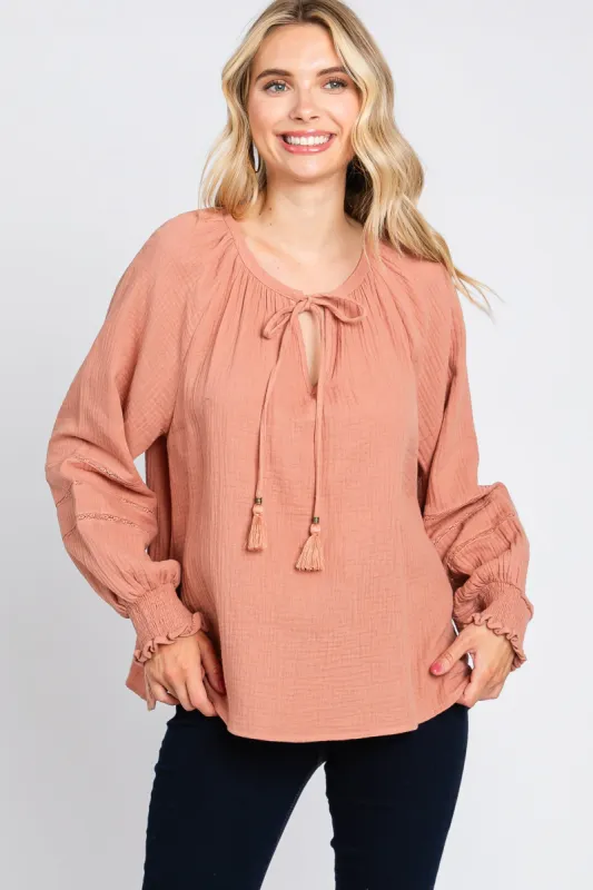 Mauve Tie Front Long Sleeve Blouse sold by Pinkblush