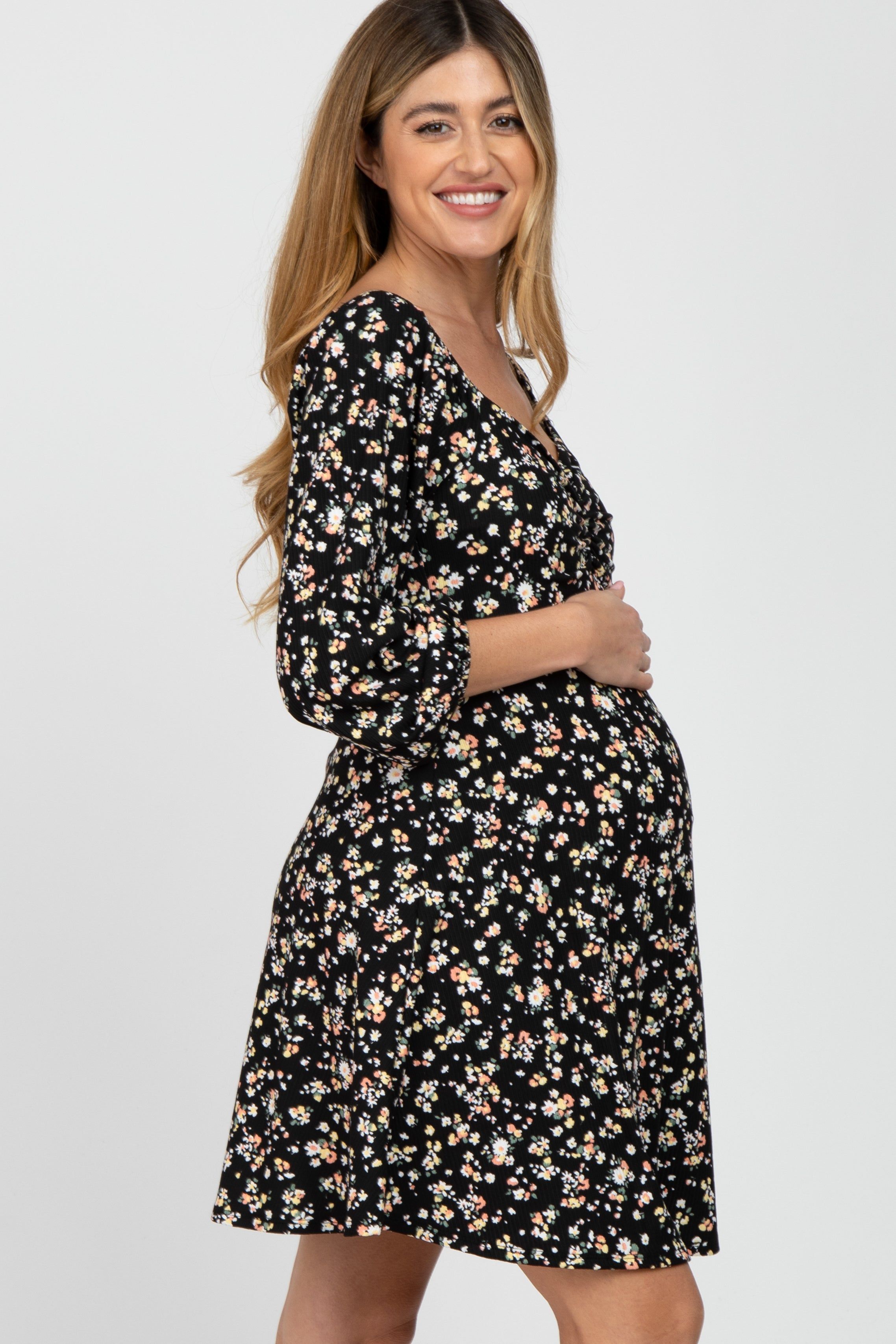 Black Floral Ribbed Ruched Bust Maternity Dress sold by Pinkblush product image thumbnail 3