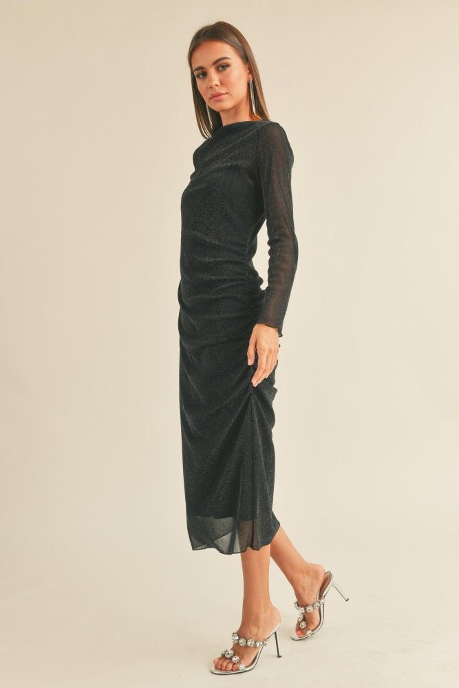 Black Shimmer Mesh Long Sleeve Ruched Midi Dress sold by Pinkblush product image thumbnail 2