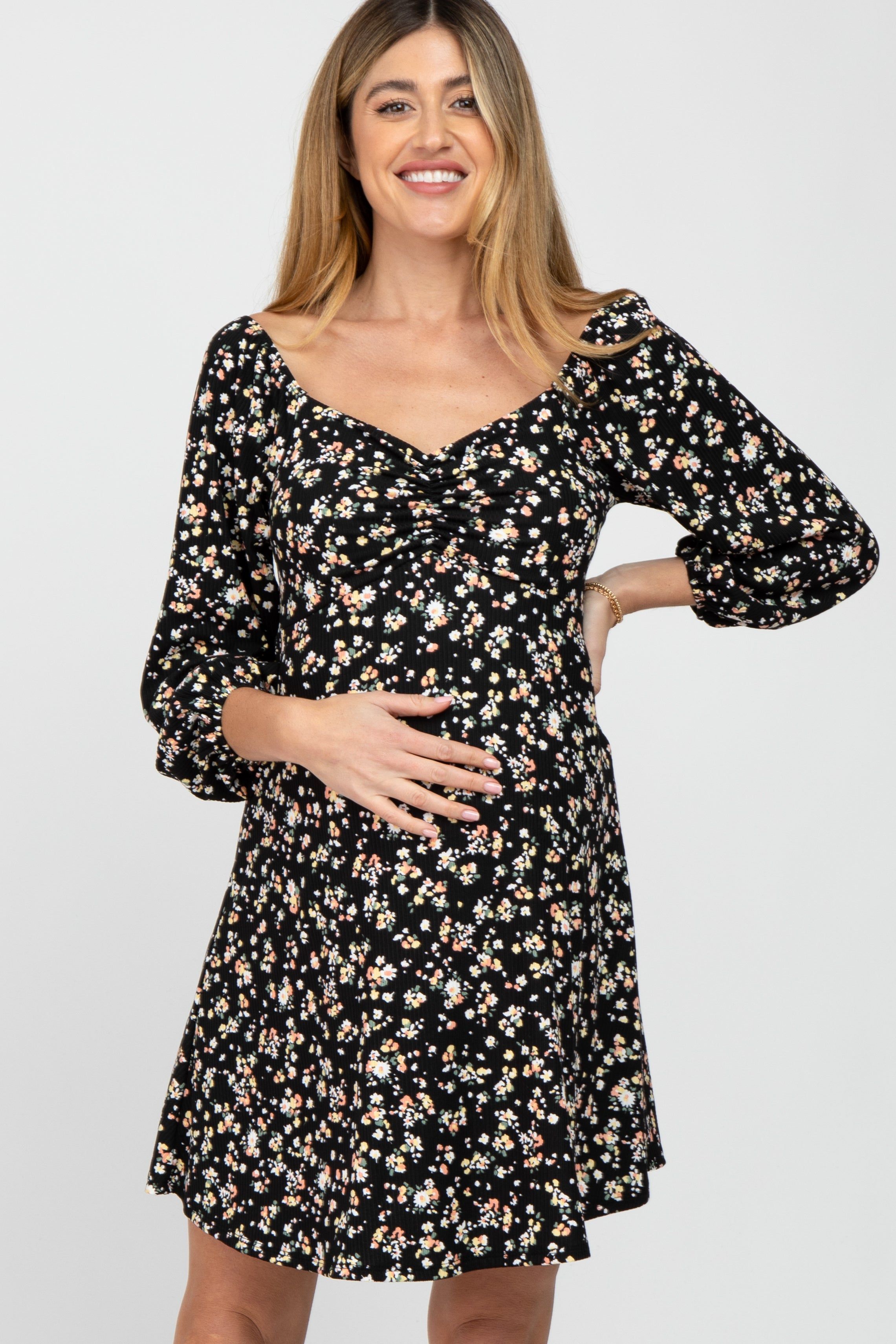 Black Floral Ribbed Ruched Bust Maternity Dress sold by Pinkblush