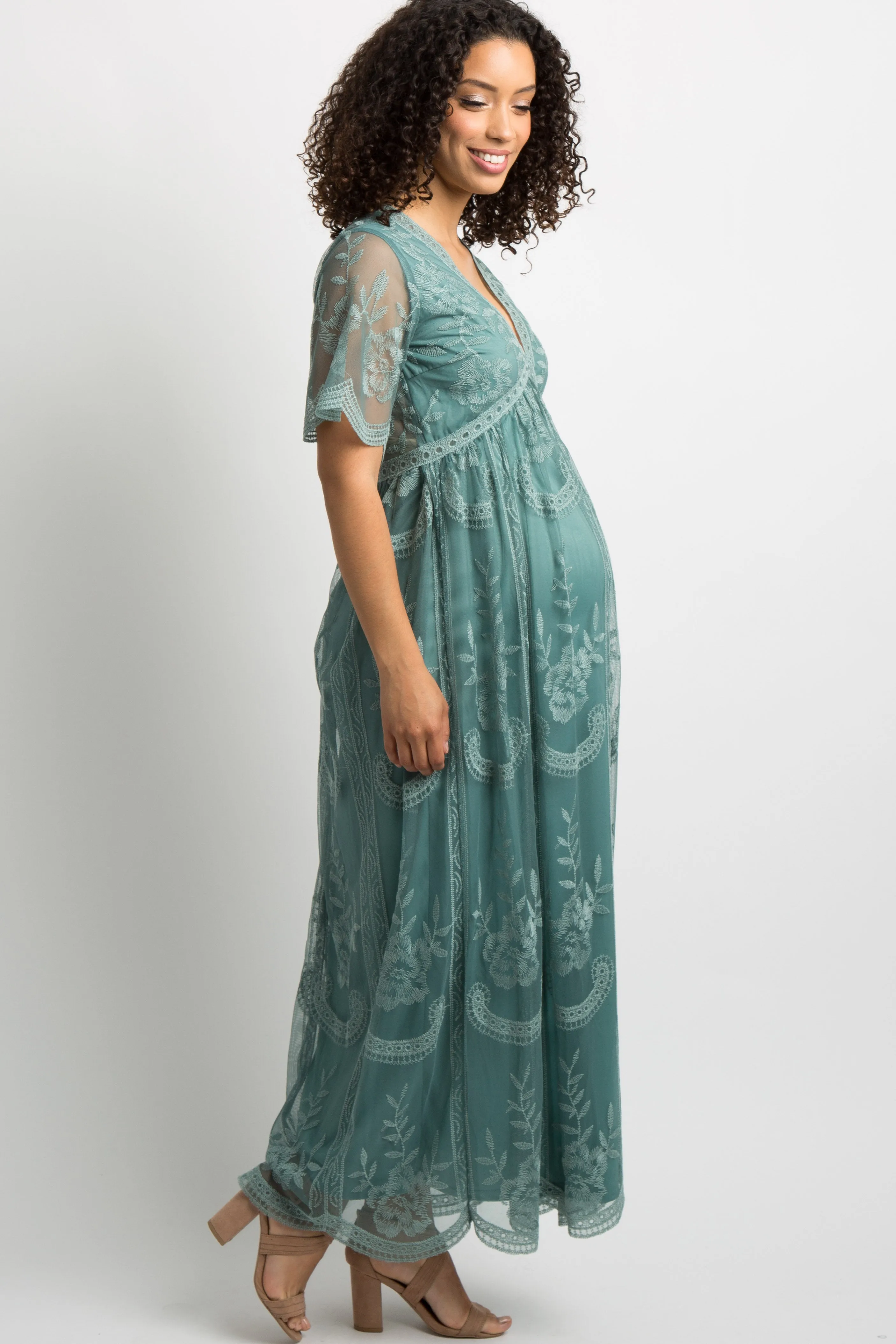 Sage Lace Mesh Overlay Maternity Maxi Dress sold by Pinkblush product image thumbnail 2