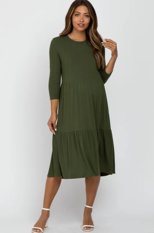 Olive Tiered Ribbed 3/4 Sleeve Maternity Midi Dress sold by Pinkblush
